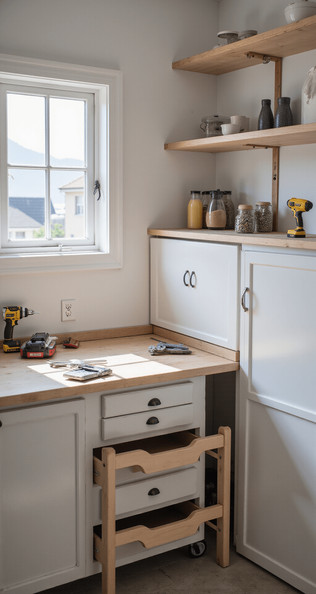A bright and airy 15x18ft kitchen featuring industrial touches, showcasing the installation of soft-close hinges and premium drawer slides. The workspace is organized with tools neatly arranged on a protective surface, captured from an elevated position that highlights the workflow under even mid-day lighting.
