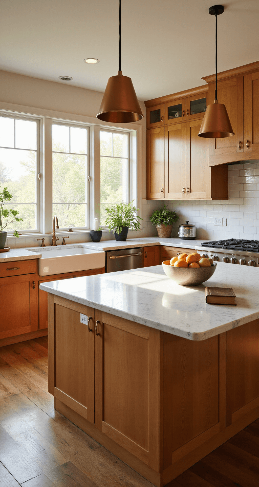 A bright and inviting kitchen featuring honey-toned Shaker cabinets, a cream quartzite center island, vintage copper pendant lights, and a warm ambiance created by natural light, with hardwood floors and stylish decor elements like a ceramic bowl of citrus and potted herbs.