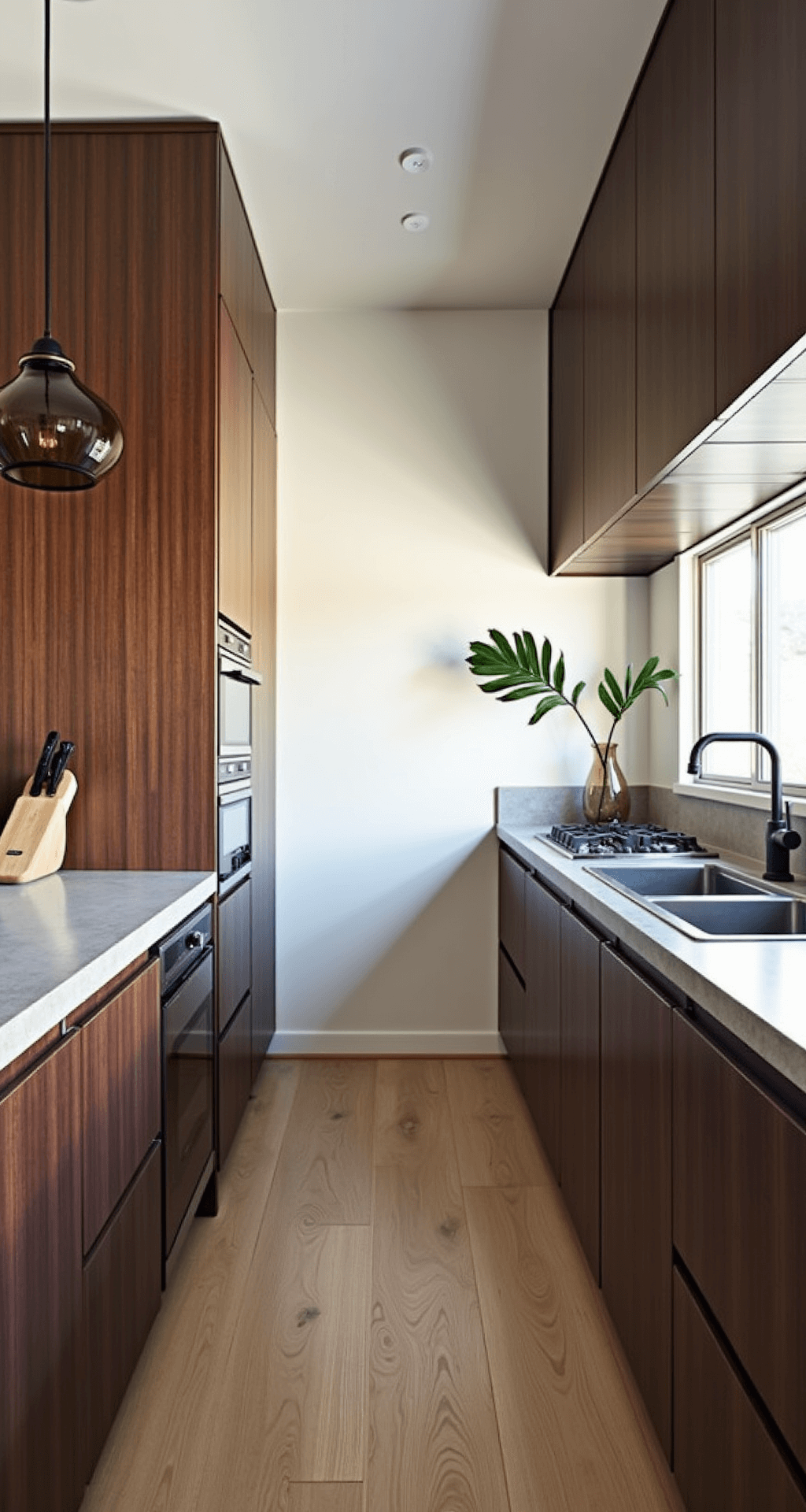 Intimate galley kitchen featuring walnut cabinets, concrete countertops, and smoky glass pendant lights, styled with ceramics and a monstera leaf, captured at golden hour.