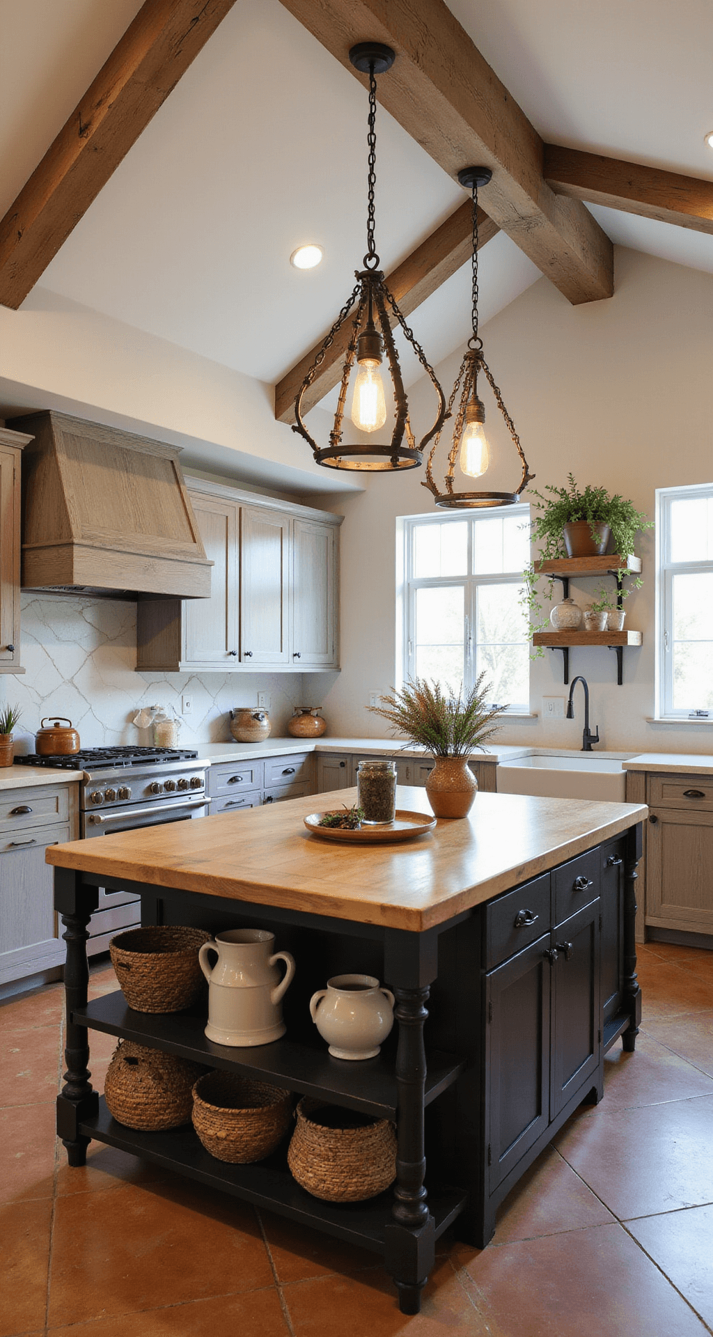 A spacious open-concept kitchen with a cathedral ceiling and rustic oak cabinets, featuring a black island with a butcher block top, terracotta floor tiles, cream stone counters, and vintage Edison bulb lighting. Decorated with woven baskets and dried herbs.
