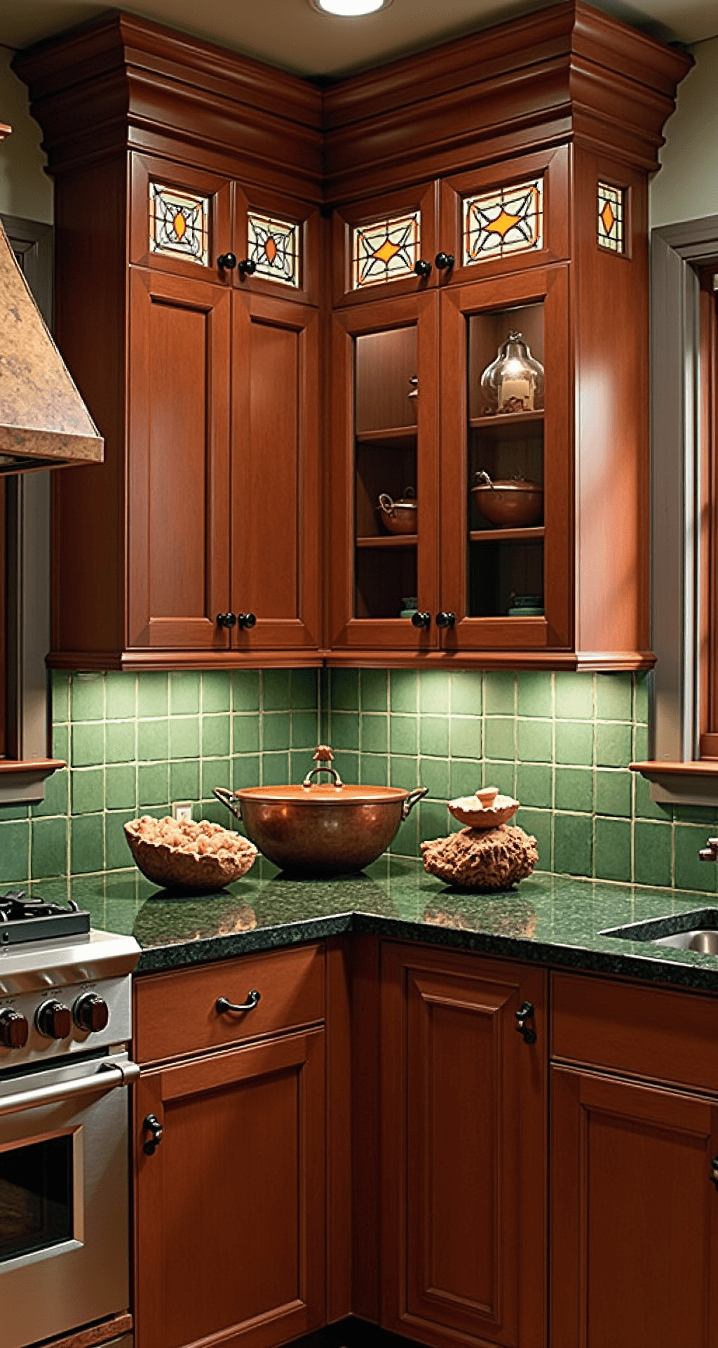 A cozy kitchen with deep auburn cherry cabinets featuring Craftsman-style details, illuminated by moody dusk light. The image captures crown molding and backlit leaded glass cabinet doors, showcasing artisan craftsmanship. The kitchen includes verde granite counters, oil-rubbed bronze hardware, a forest green ceramic tile backsplash, hammered copper cookware, carved wooden bowls, and glowing pendant lights.