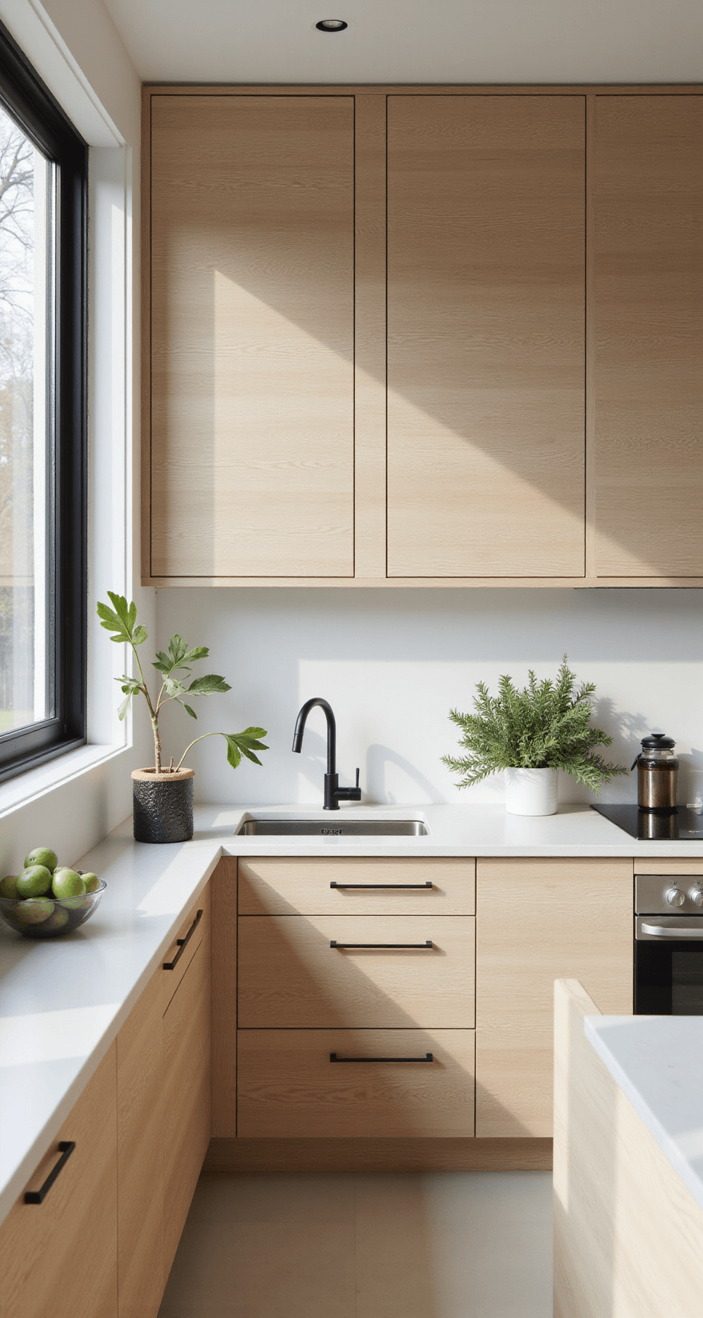 Modern kitchen featuring rift-cut white oak cabinets, floor-to-ceiling windows, white quartz counters, and polished chrome fixtures, illuminated by bright afternoon light.