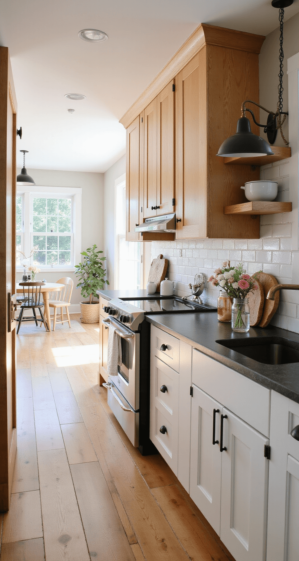 A bright farmhouse-style kitchen at sunrise, featuring white base cabinets, natural birch upper cabinets, black iron hardware, and wide plank pine floors, illuminated by morning light. The space includes soapstone counters, subway tiles, vintage-style aged brass pendants, and decorative elements such as enamelware, fresh flowers in mason jars, and an antique bread board.