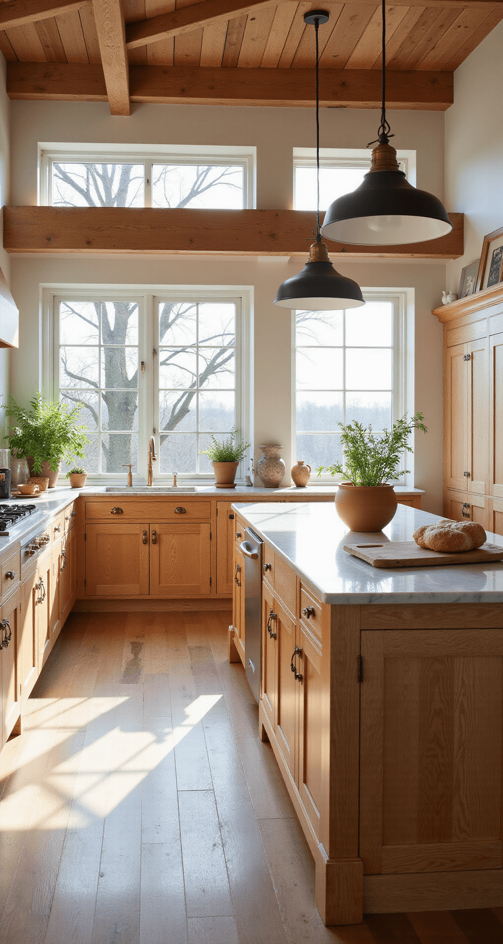 A sunlit modern farmhouse kitchen featuring white oak cabinets, a center island with waterfall edges, brass hardware, and marble countertops, illuminated by early morning light streaming through large windows. The warm, inviting space includes artisanal ceramics, fresh herbs in terracotta pots, and a vintage bread board, with exposed wooden beams and a camera angle that captures the backlit glow.