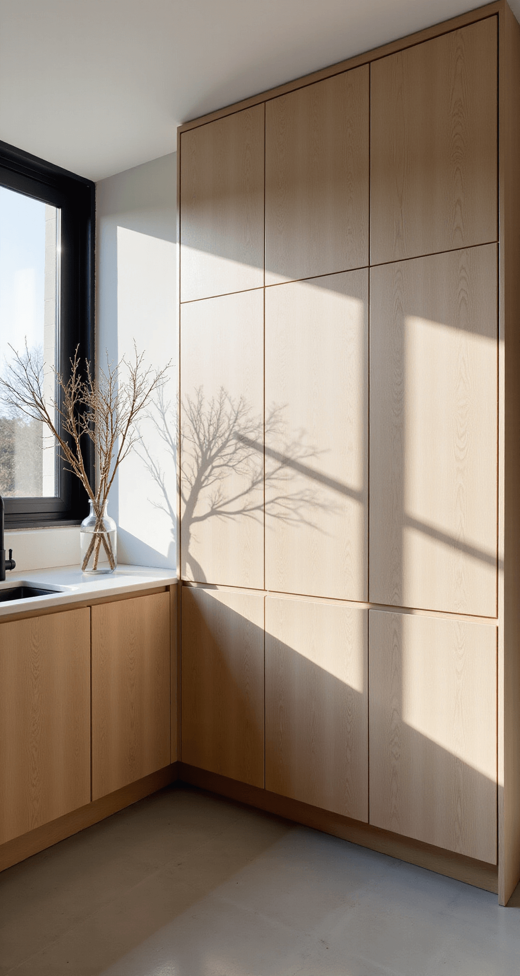 A serene Scandinavian minimalist kitchen featuring blonde maple cabinets, white quartz countertops, and pale grey concrete floors, illuminated by late afternoon light through steel-framed windows, with matte black accessories and clear glass vases.