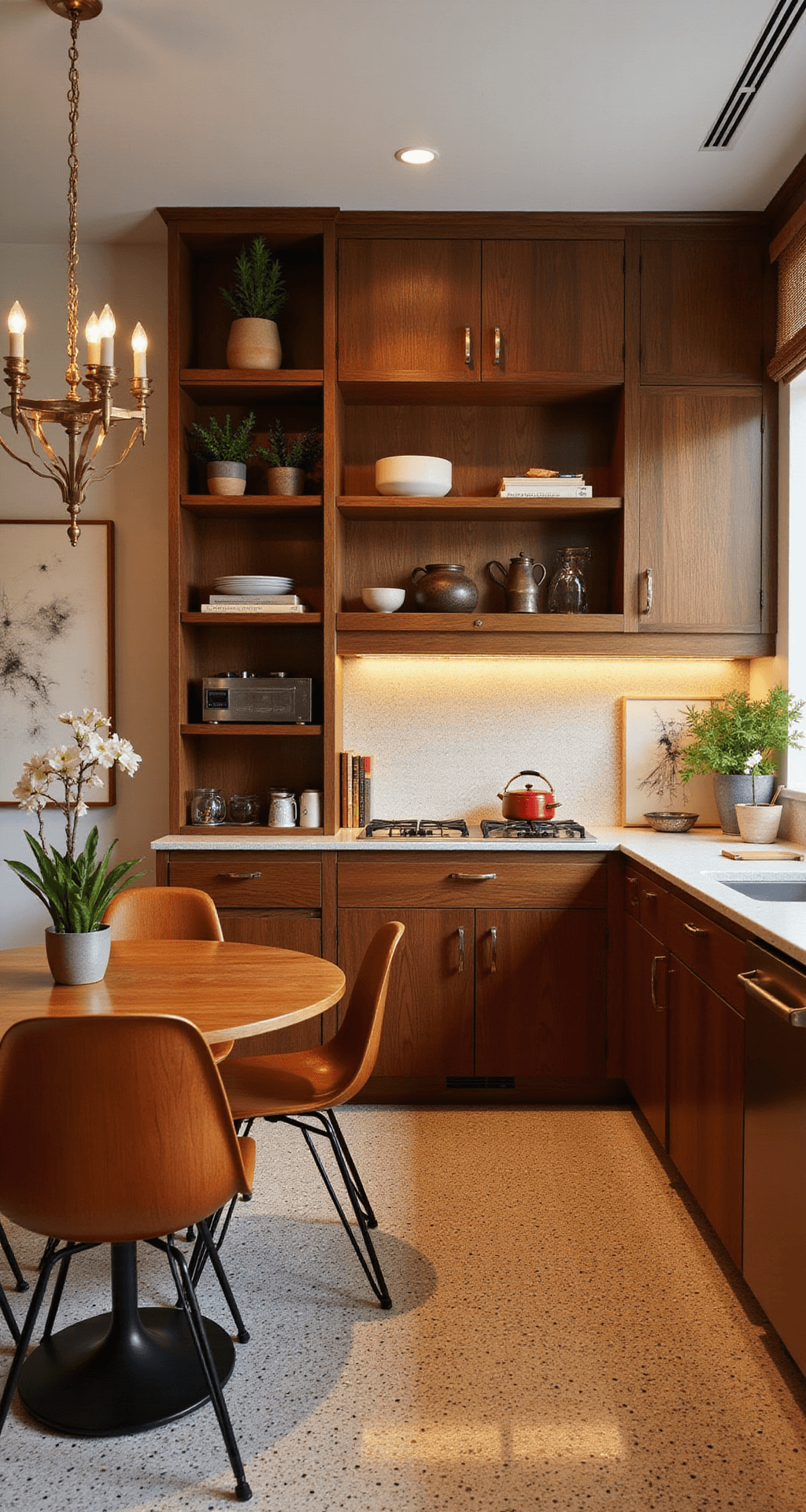 L-shaped mid-century kitchen with walnut cabinetry, terrazzo flooring, Saarinen table, Eames chairs, and vintage decor, captured in golden hour lighting for a sophisticated and nostalgic ambiance.