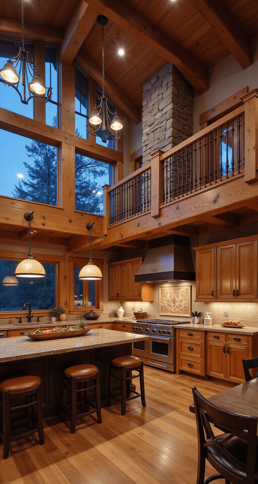A double-height rustic kitchen featuring exposed timber framing, cherry wood cabinets, and a stone accent wall with a copper range hood, illuminated by dusk lighting from clerestory windows. The scene includes leather barstools, wide plank reclaimed floors, vintage copper cookware, and dried herbs, captured from a mezzanine level for a dramatic perspective. Warm practical lighting enhances the cozy atmosphere.