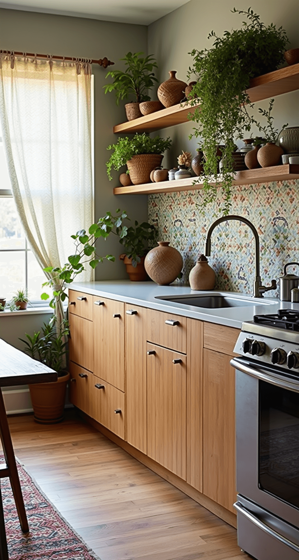 A contemporary Bohemian kitchen featuring birch cabinets with natural edge details, open shelving filled with global artifacts, a colorful handmade tile backsplash, and soft mid-morning light filtering through botanical curtains, creating an eclectic and collected atmosphere.