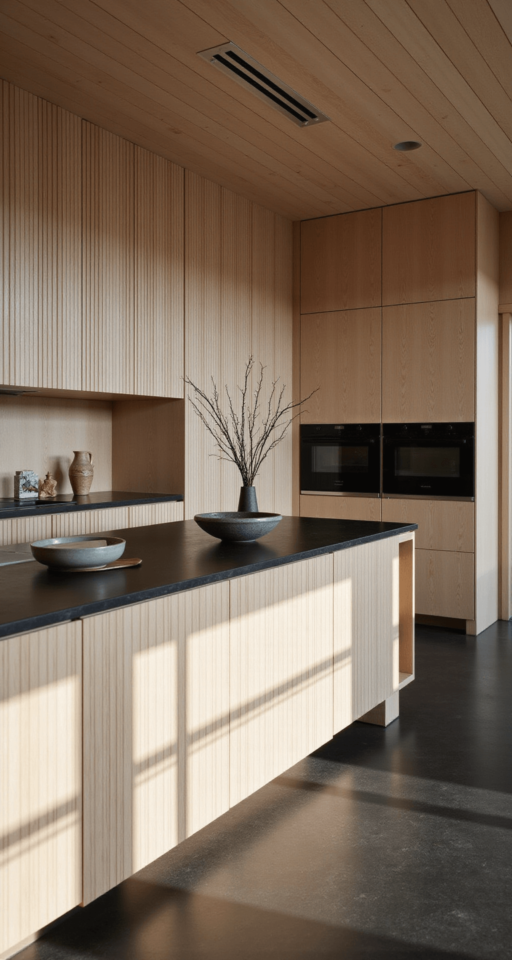 Intimate minimalistic kitchen with white oak cabinets, slatted fronts, and a floating island, featuring black stone counters and serene dawn light creating soft shadows, complemented by a single ikebana arrangement and handmade ceramics.