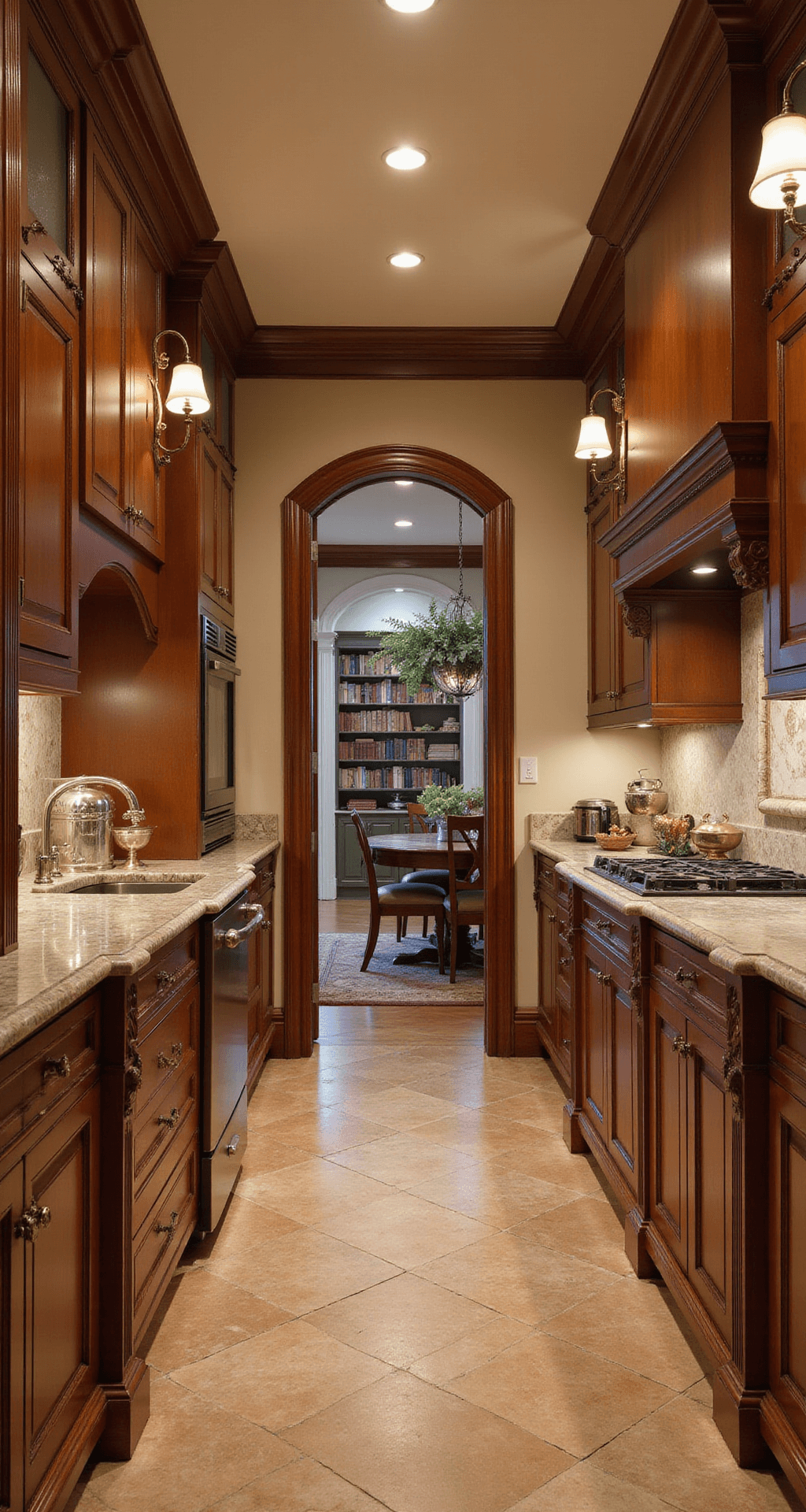 Elegant kitchen featuring raised-panel cherry cabinets, antique marble counters, herringbone floors, and a butler's pantry, all illuminated by library sconces, with decorative silver collections and classic cookbooks in a warm ambiance.