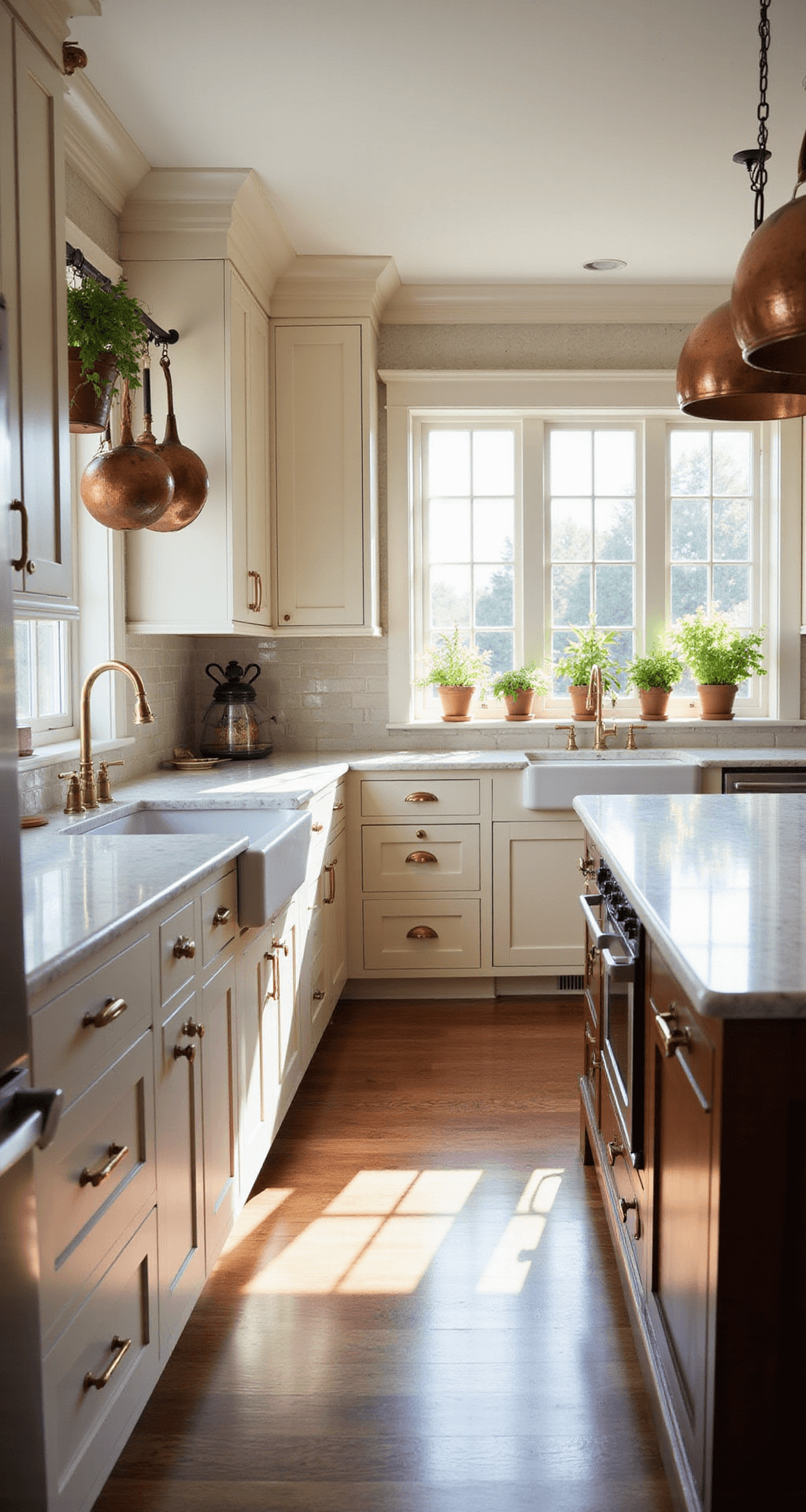 A traditional kitchen featuring Shaker-style cream cabinets, Calacatta marble countertops, and a walnut floor, illuminated by morning light from large east-facing windows, with a low corner angle shot highlighting natural and soft overhead lighting.