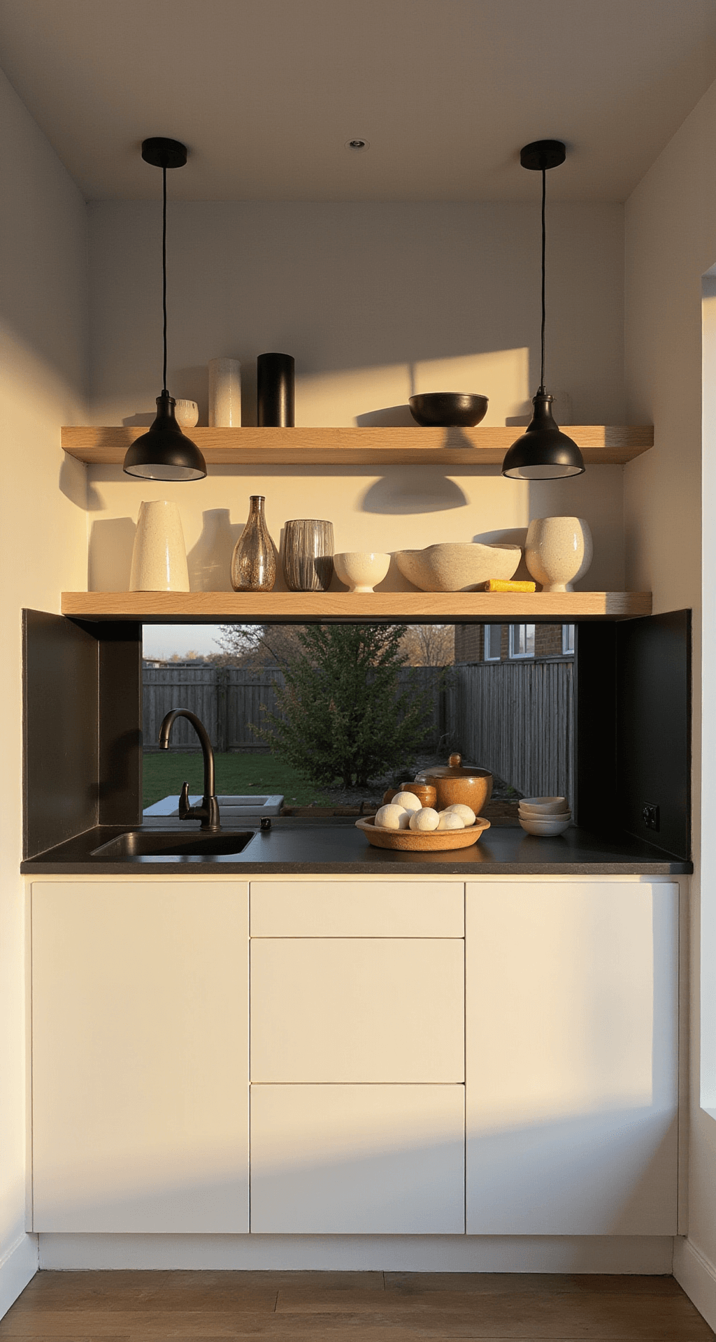 Modern minimalist kitchen featuring handleless cream cabinets, black concrete countertops, and floating bleached oak shelves, illuminated by warm golden hour light.