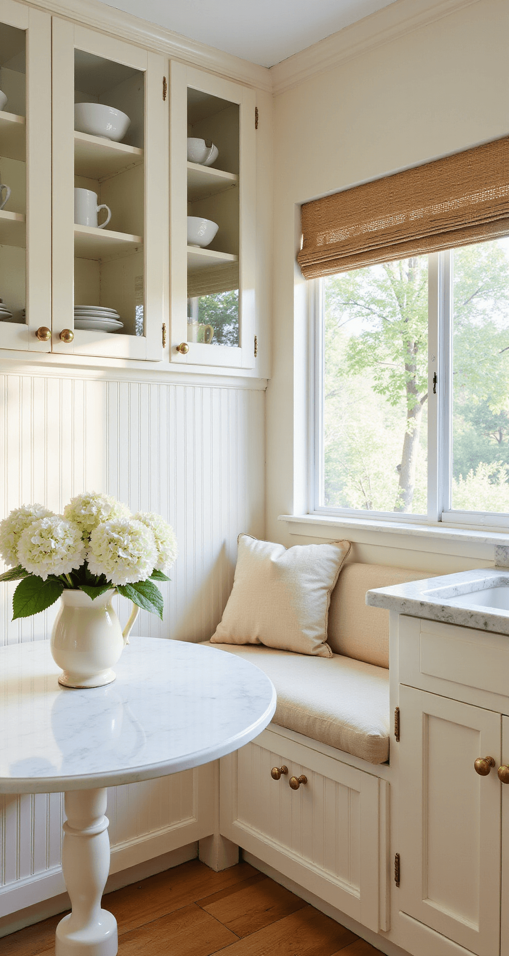 Cozy cottage-style kitchen nook with cream beadboard cabinets, glass-front upper displays, and brass hardware, featuring marble-look quartz counters and a farmhouse sink, adorned with white hydrangeas in a vintage pitcher, highlighted by soft morning light and a natural woven roman shade.