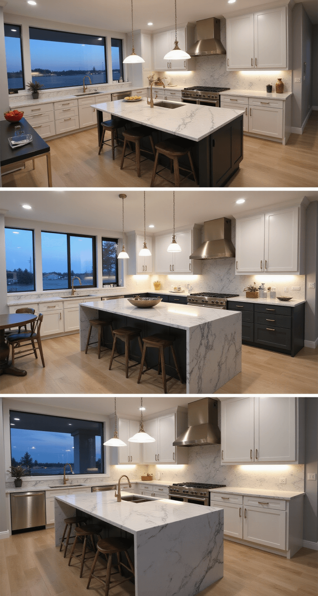 Contemporary open-concept kitchen at dusk featuring cream upper cabinets and charcoal lower cabinets, with brass hardware, a waterfall quartz island, and dramatic under-cabinet lighting, shot from an elevated position showcasing the full layout and mixed lighting setup.