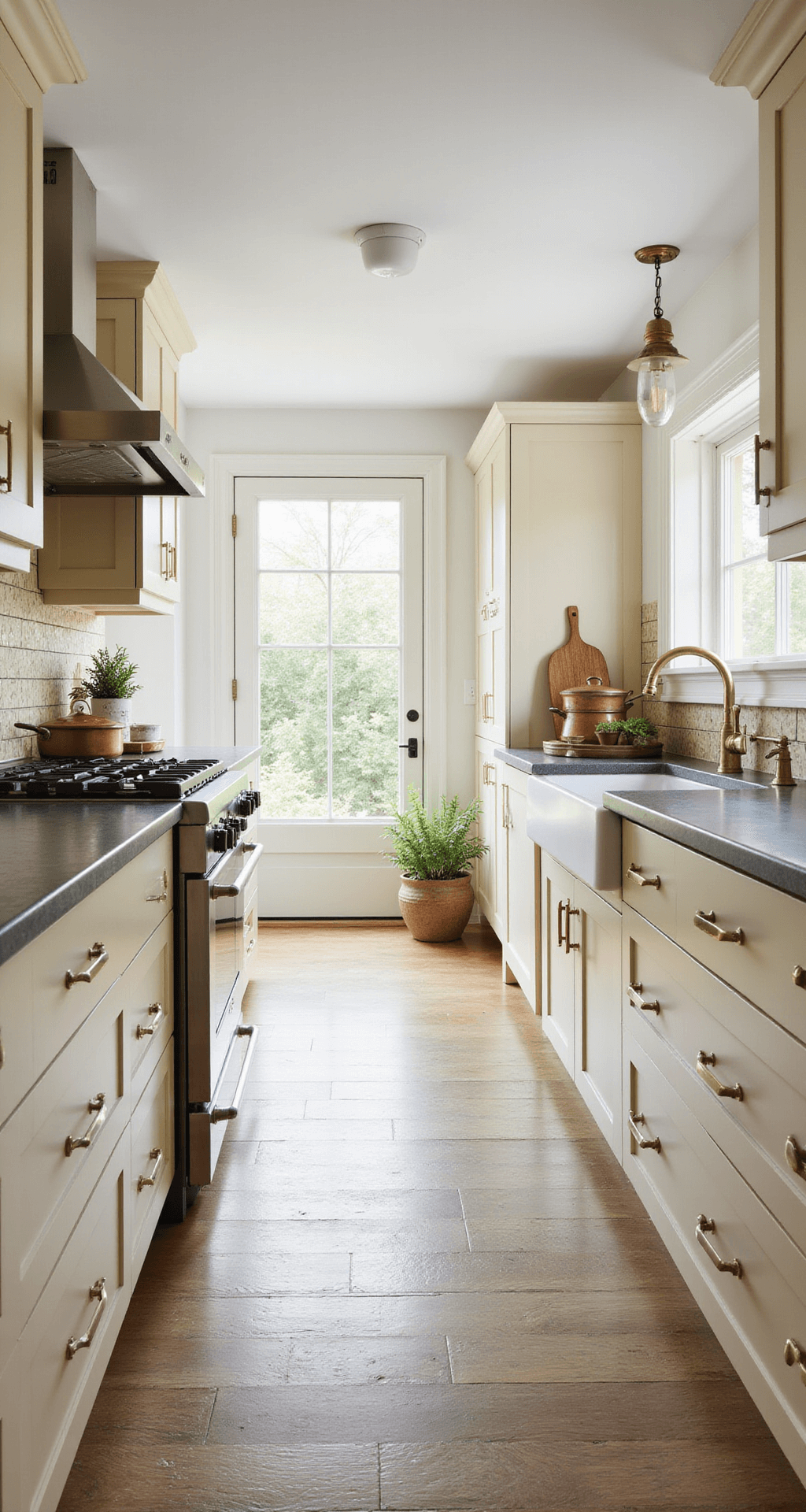 A transitional galley kitchen featuring floor-to-ceiling cream cabinets, grey soapstone countertops, and a cream zellige tile backsplash, illuminated by afternoon light. Industrial-style aged brass pendant lights hang above, while a collection of copper cookware and potted herbs add decorative touches. The image captures the kitchen from one end, showcasing its length and highlighting the tile texture with side lighting.