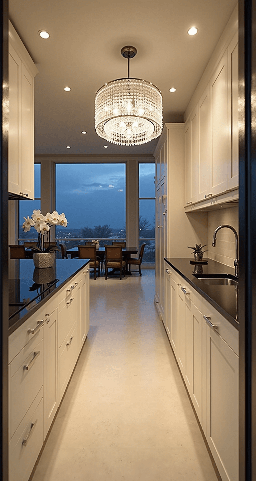 A wide-angle view of a modern-classic kitchen at twilight, featuring cream flat-panel cabinets with integrated handles, dramatic black granite countertops, cream limestone floors, and a crystal chandelier over the island, all bathed in a warm glow from evening lighting, with minimal styling including orchids and metallic accents.