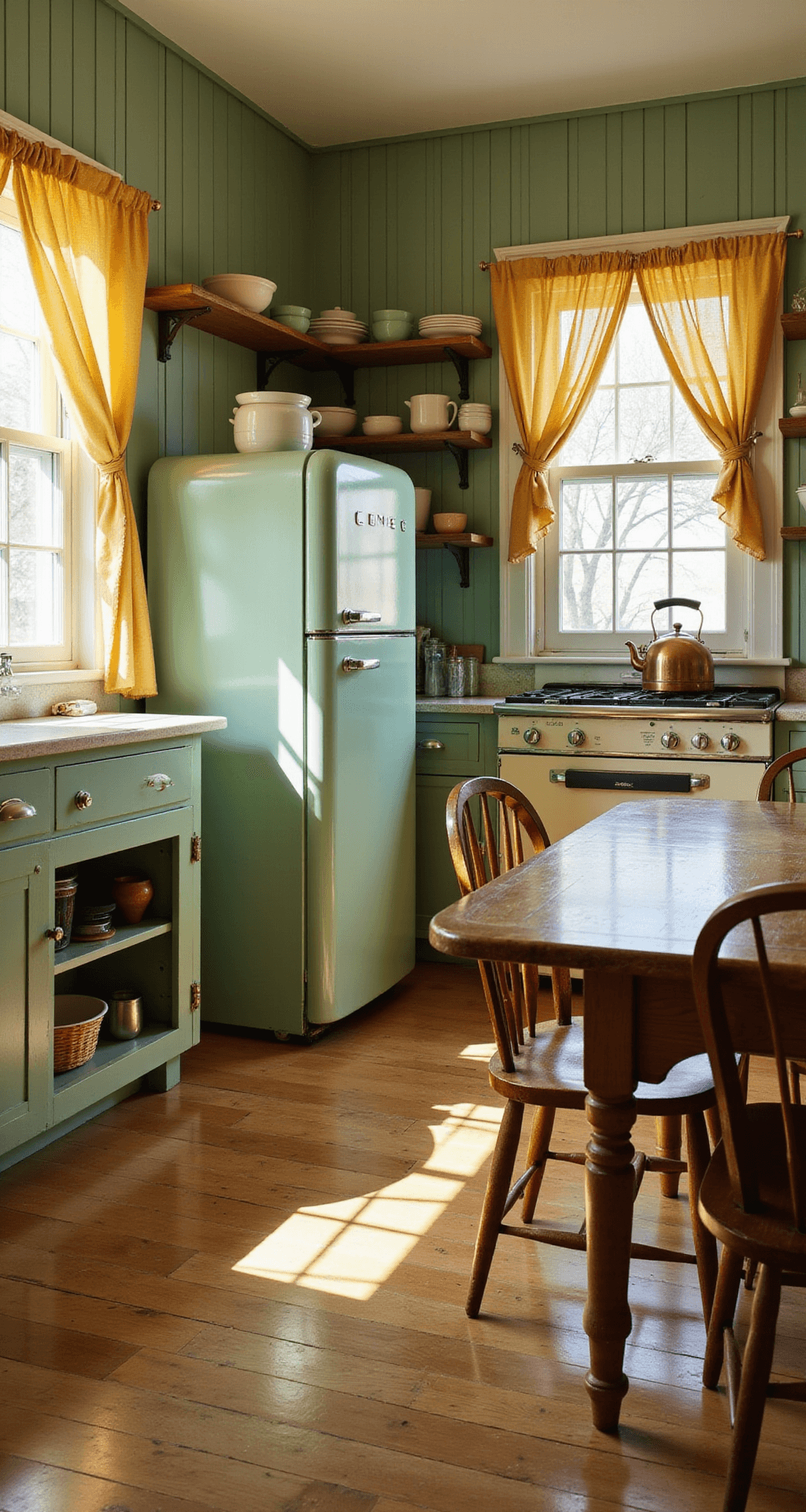 A sunlit farmhouse kitchen featuring wide-plank pine floors, sage green beadboard walls, a vintage mint-green Smeg refrigerator, and a weathered oak farmhouse table, with butter-yellow curtains, mismatched wooden chairs, open shelving of milk glass and jadeite dishes, and a gleaming copper kettle on a cream enamel range, all captured from a table height perspective.