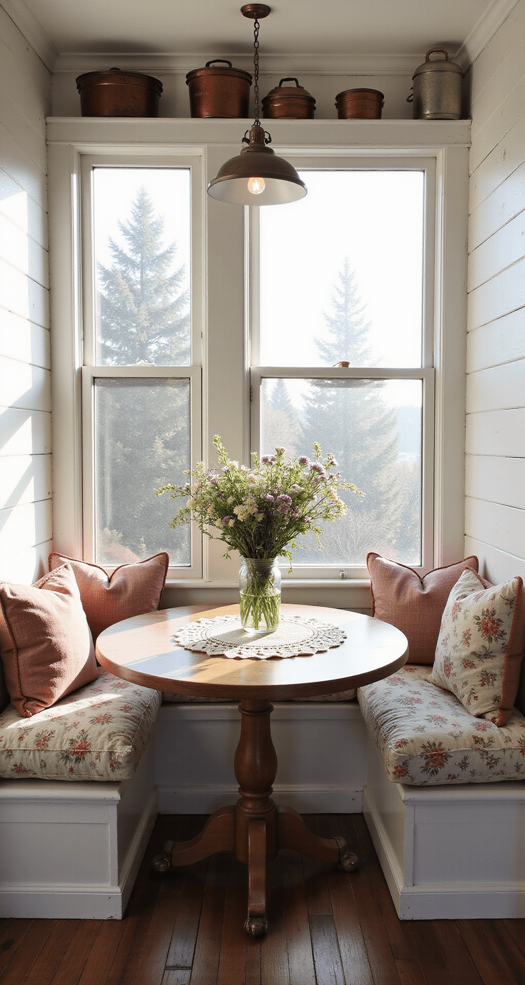 A cozy kitchen nook featuring a built-in breakfast bench with floral cushions, a round pedestal table adorned with a crocheted doily and wildflowers, surrounded by whitewashed shiplap walls, vintage pie tins, and copper molds, illuminated by crisp morning sunlight.