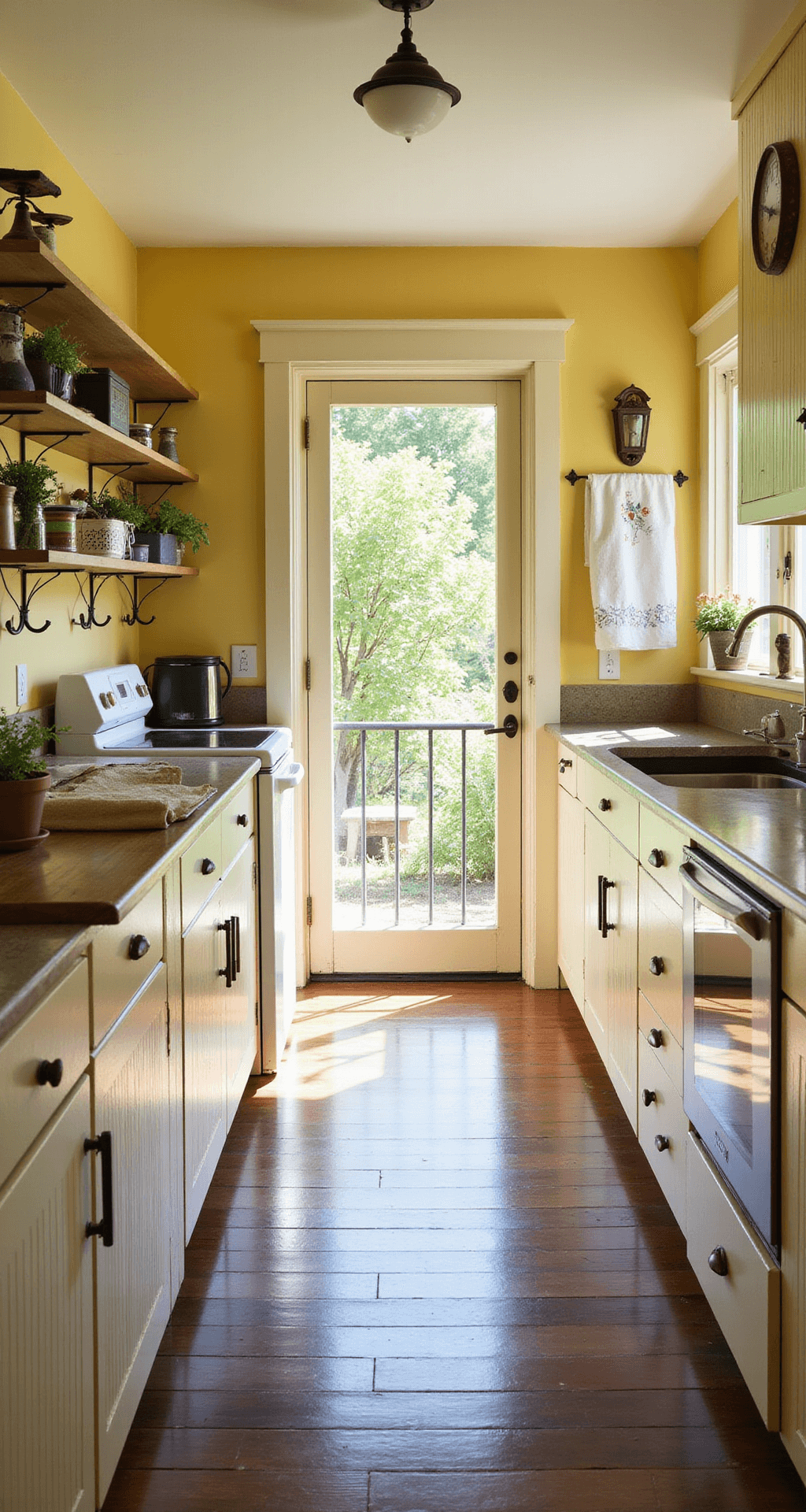 Galley-style kitchen with buttery yellow walls and cream cabinets, featuring vintage scales on open shelving, hand-embroidered tea towels, a salvaged screen door to an herb garden, and antique cookie tins in upper cabinets, all illuminated by warm late afternoon light.
