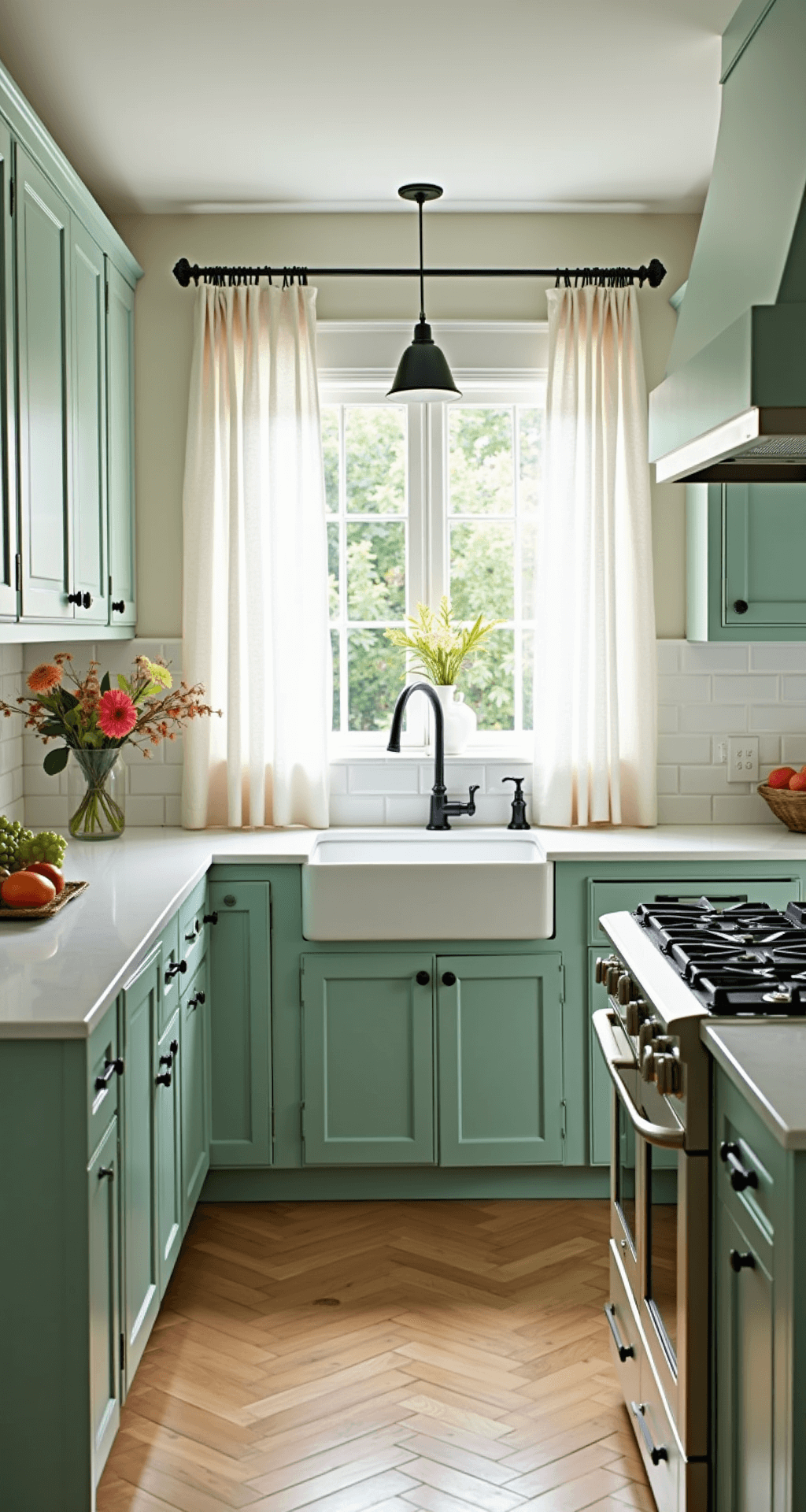 Bright mint green kitchen with white oak herringbone floors, vintage cream range, and fresh flowers, illuminated by morning light filtering through sheer curtains.