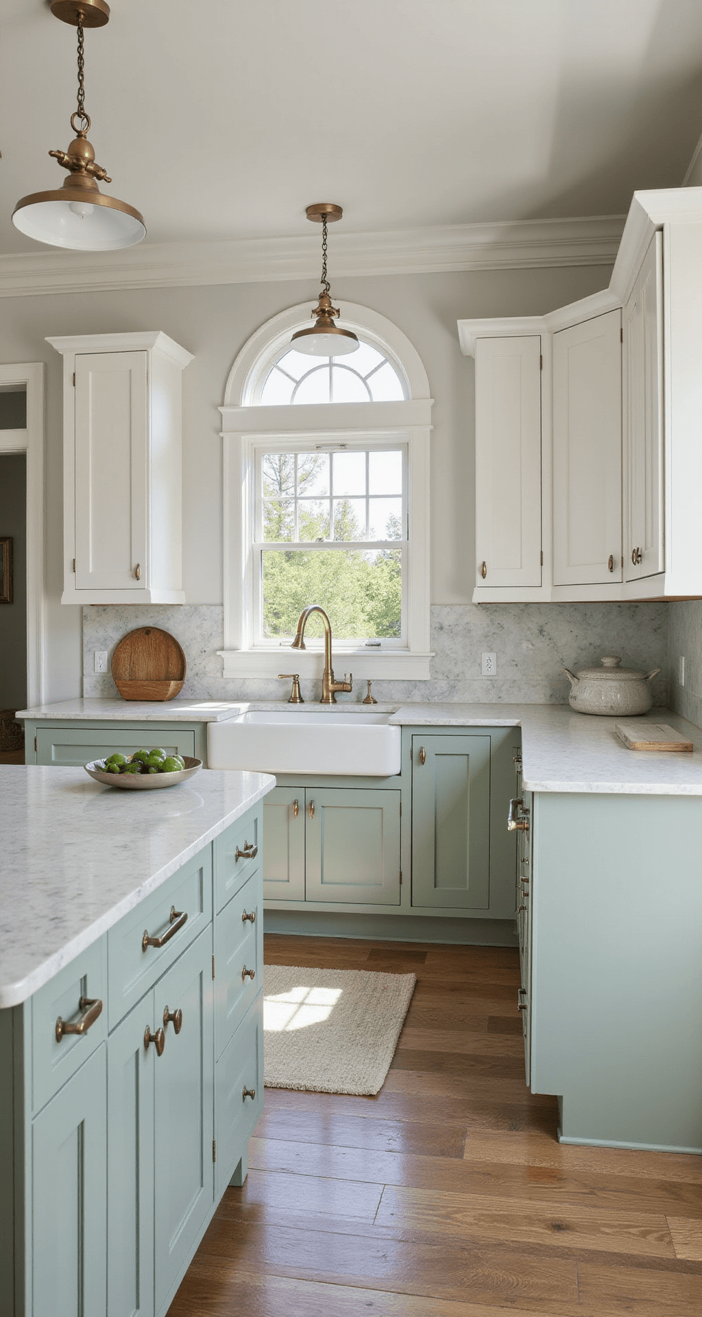 L-shaped kitchen featuring light sage lower cabinets and white upper cabinets, with a marble backsplash and mixed metal finishes, viewed from the entrance under mid-afternoon lighting, showcasing organic countertop styling.