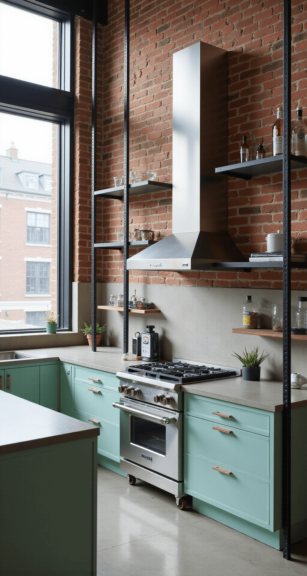 Contemporary open-concept kitchen featuring mint green cabinets and exposed brick wall, illuminated by afternoon light streaming through industrial windows. Stainless steel appliances, concrete countertops, and a black metal open shelving system create a striking contrast. The image captures the layout from a slight elevation, highlighting strong geometric lines and the interplay between soft and industrial elements.