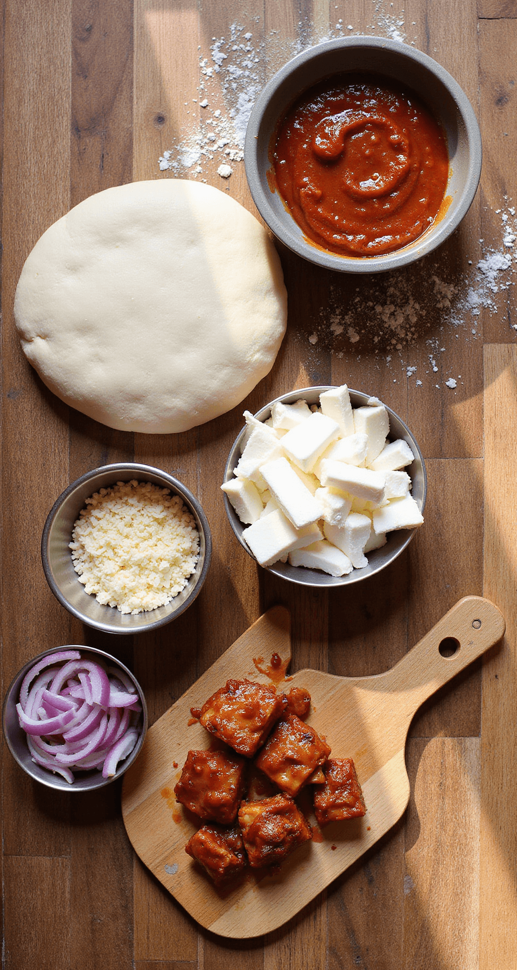 Overhead view of a rustic wooden countertop displaying fresh pizza dough, BBQ sauce in a ceramic bowl, shredded mozzarella and smoked gouda in vintage metal bowls, sliced red onions on a cutting board, and BBQ-glazed chicken, with natural light illuminating the scene and a dusting of flour present.