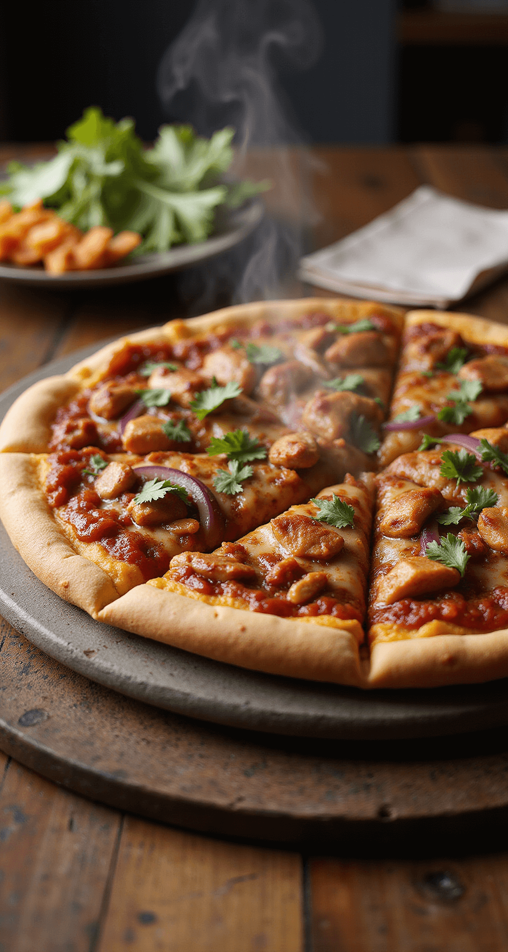 Close-up of a BBQ chicken pizza on a round stone platter, featuring a golden-brown crust, bubbling melted cheese, red onions, and fresh cilantro, with steam rising and warm lighting, set on a rustic wooden table with garnishes nearby.