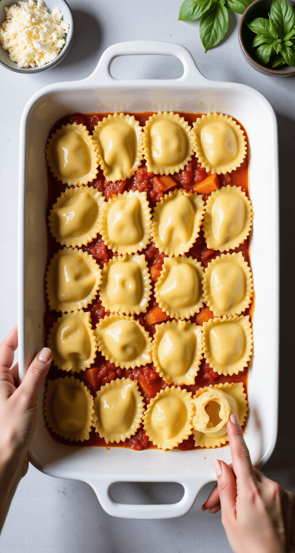 Overhead shot of hands arranging cheese ravioli in a ceramic baking dish with marinara sauce, illuminated by soft natural light, garnished with basil leaves and a bowl of shredded cheese.