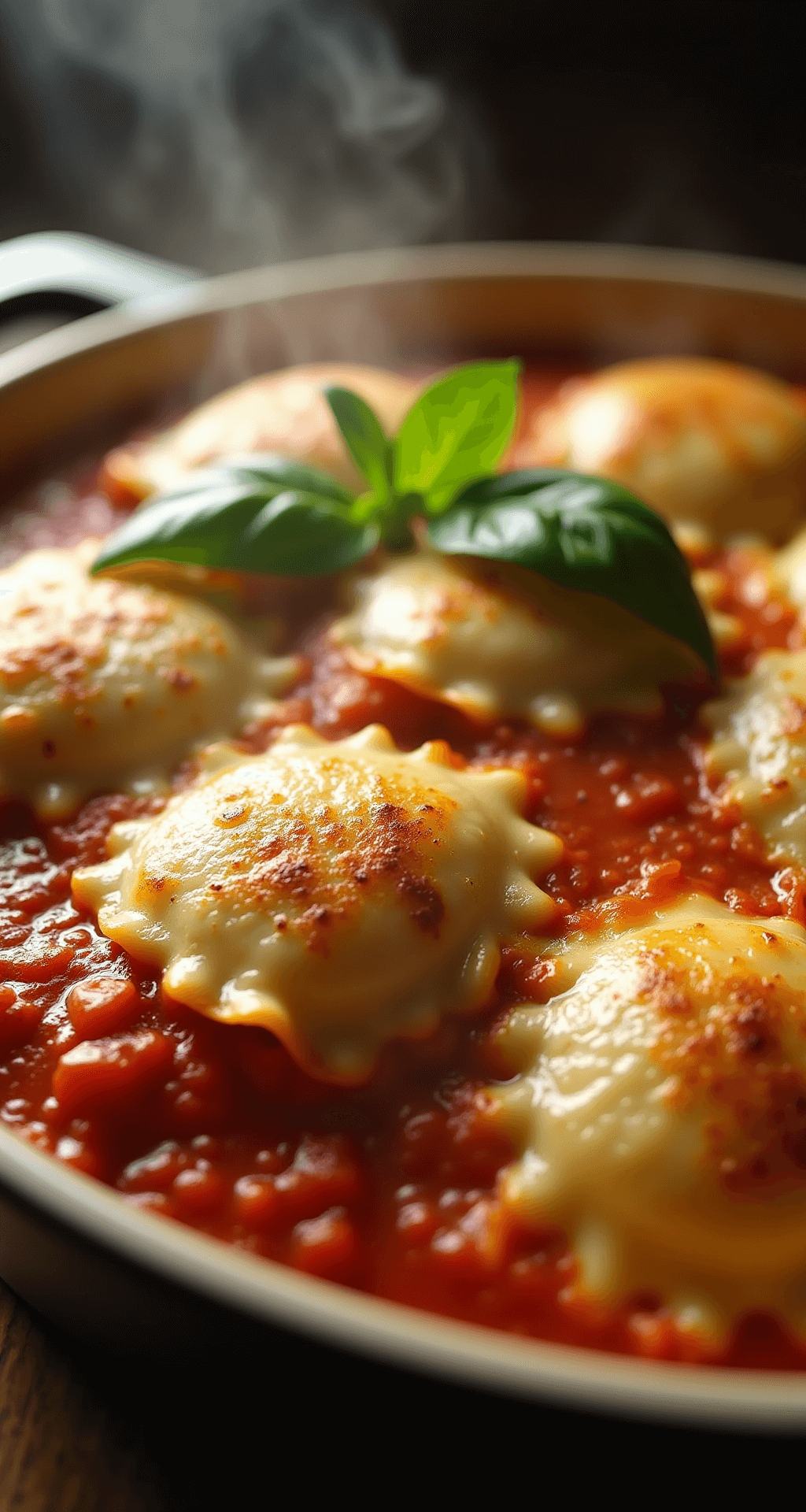 Close-up of a golden-brown baked ravioli dish with bubbling melted cheese, garnished with fresh basil, showcasing crispy cheese and rich red sauce underneath, with steam rising in warm lighting.