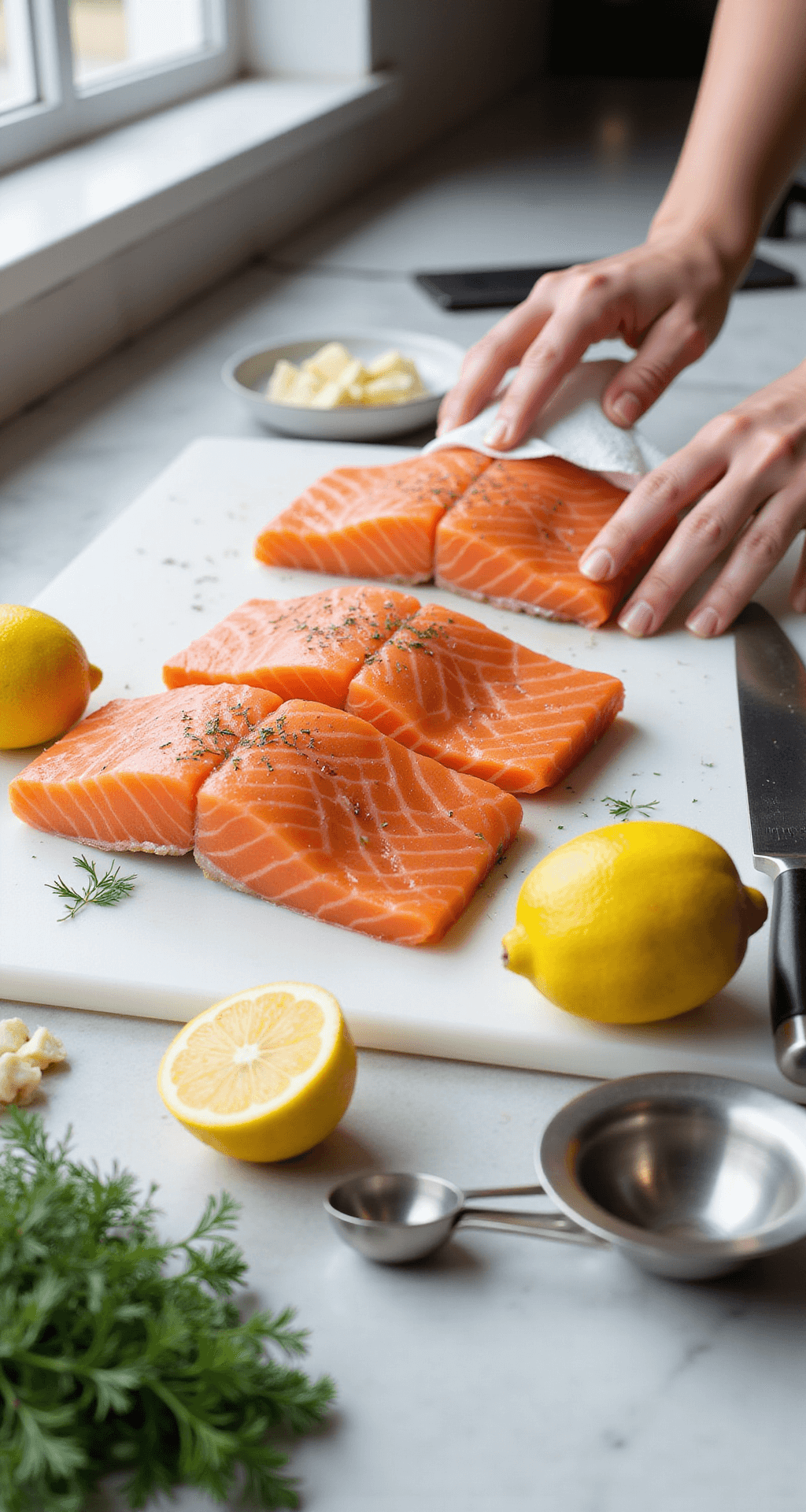 A professional kitchen with natural light, showcasing raw salmon fillets on a white marble countertop alongside fresh dill, lemons, and minced garlic, with a chef's hand drying the salmon and kitchen tools nearby.