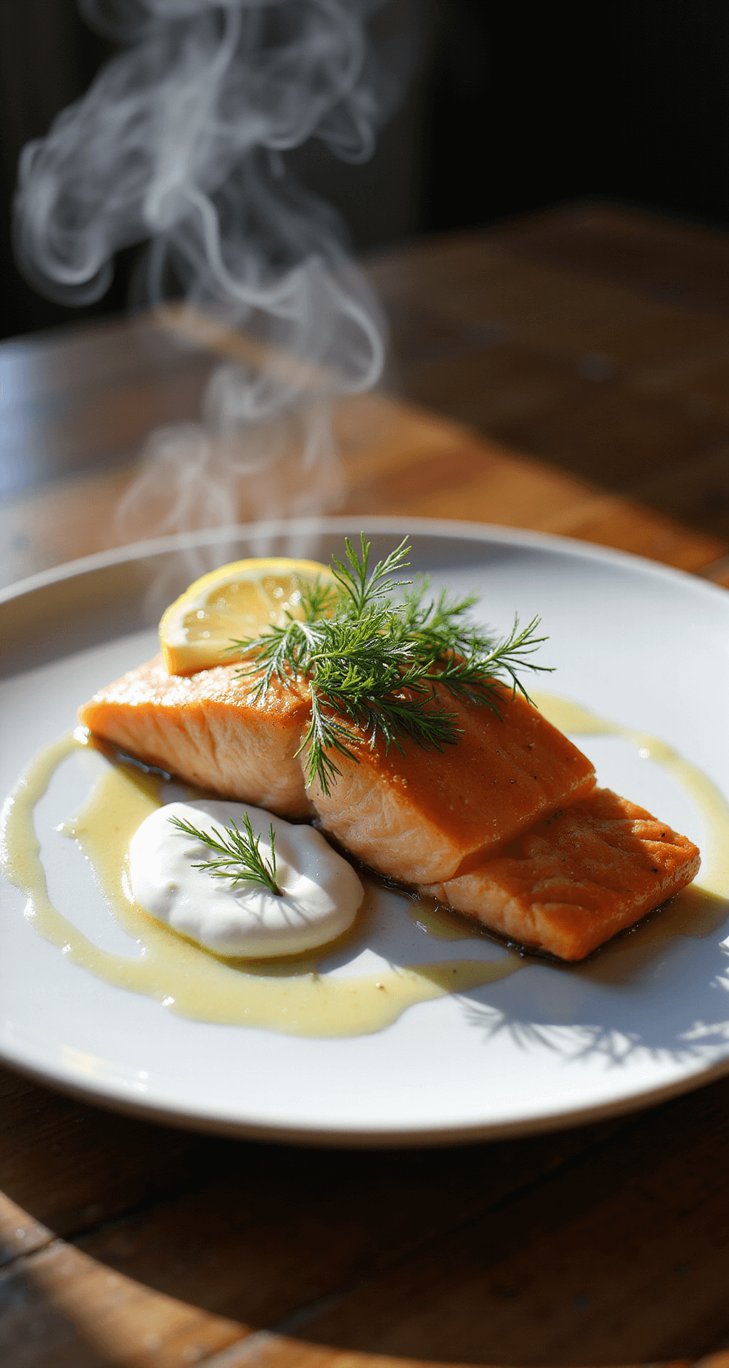 Elegantly plated salmon with a golden-brown sear on a white ceramic plate, garnished with dill and lemon slices, accompanied by a creamy yogurt-dill sauce, with steam rising in warm lighting.