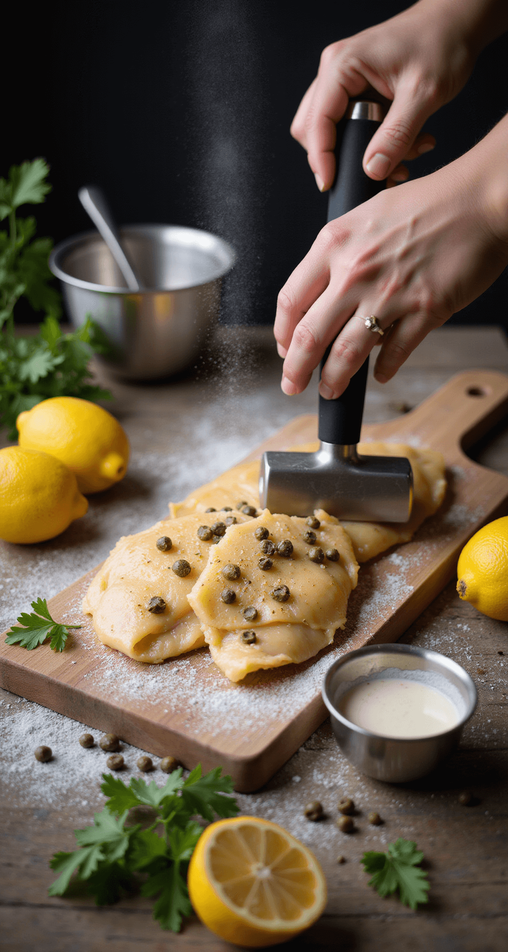 Close-up of hands butterflying golden chicken breasts on a wooden cutting board, surrounded by fresh capers, bright yellow lemons, and parsley sprigs, with a dusting of flour and stainless steel bowls of ingredients in a professional kitchen setting.