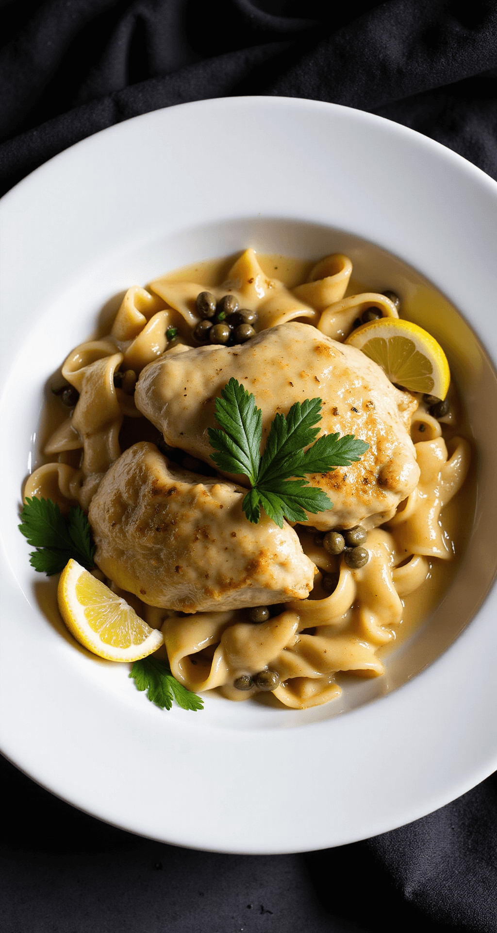 Overhead shot of a white plate with golden-brown chicken piccata in lemon-caper sauce, garnished with parsley, served alongside al dente pasta, scattered capers, and lemon wedges against a dark background.