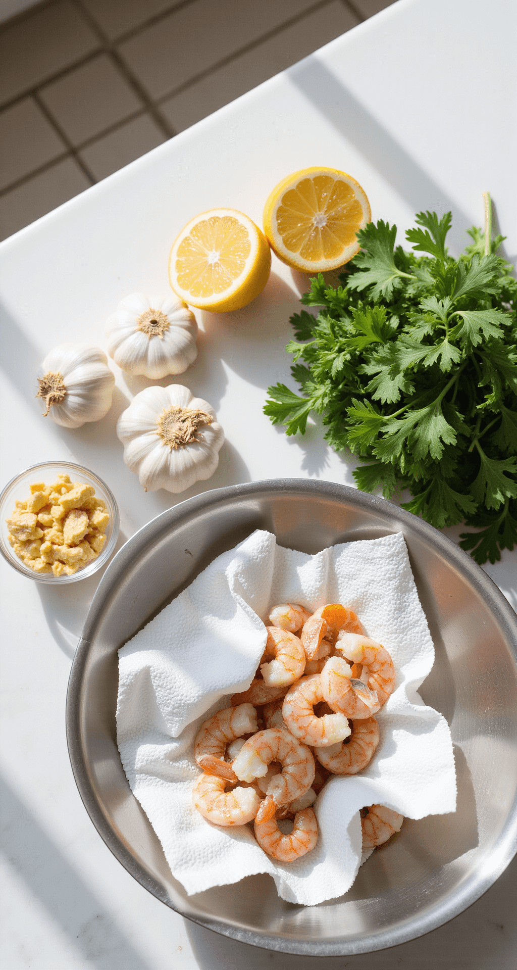 Overhead view of a clean kitchen workspace featuring a stainless steel bowl with dried peeled shrimp, fresh garlic cloves, halved lemons, and parsley on a light marble countertop, illuminated by natural daylight.