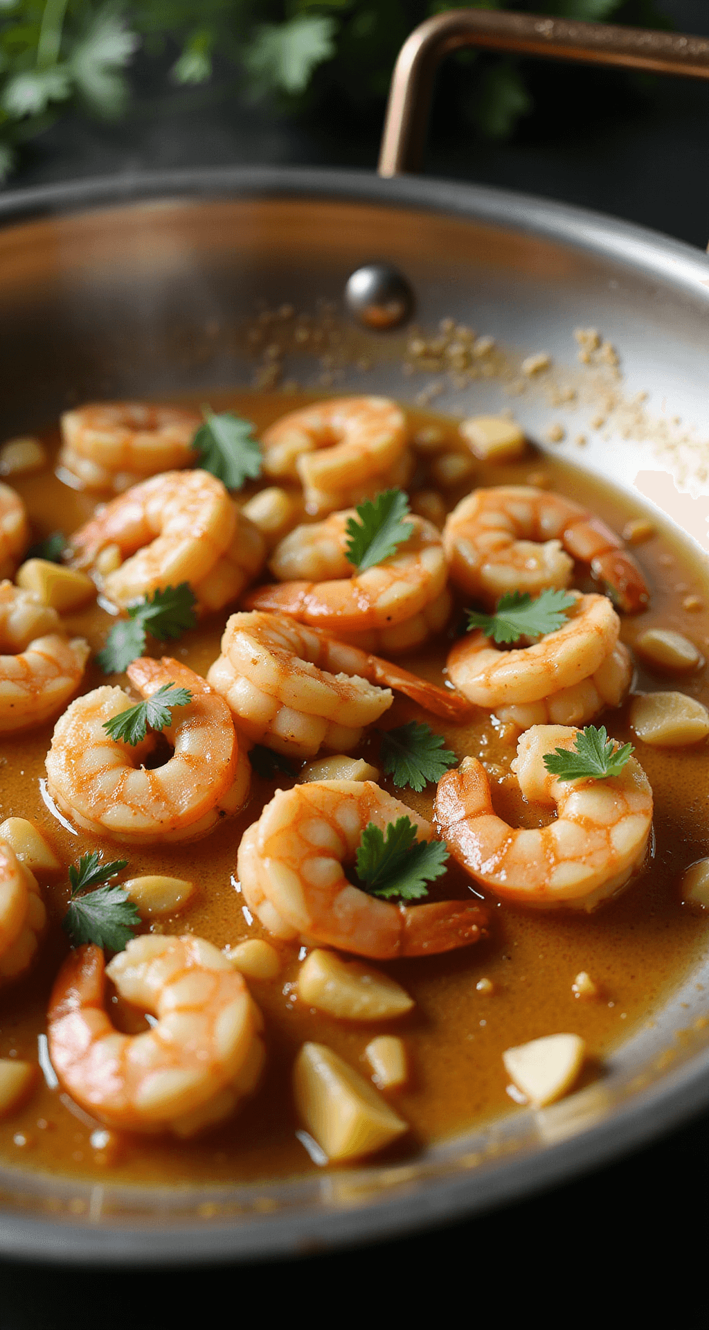 Dynamic close-up of shrimp cooking in a stainless steel skillet, with butter, white wine, and garlic, creating aromatic steam and capturing a warm kitchen atmosphere.