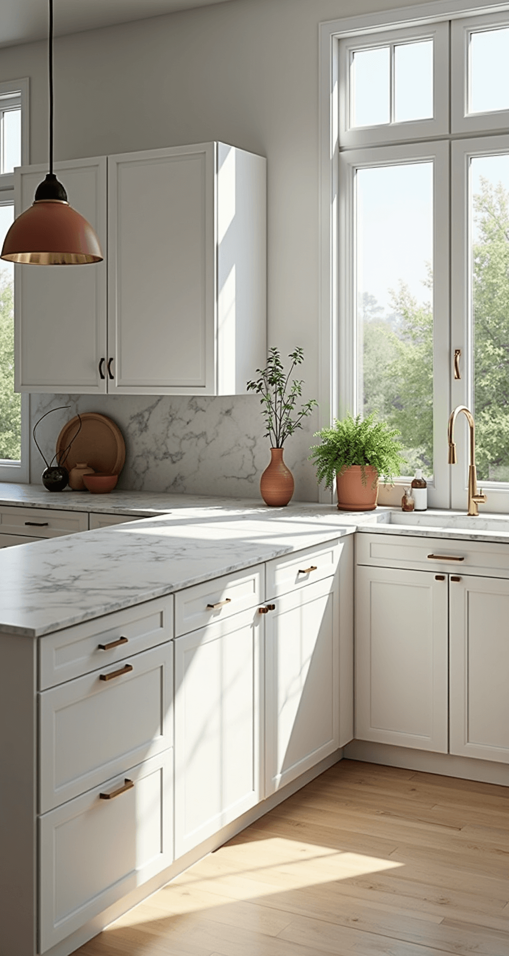 Bright, modern kitchen featuring matte white IKEA SEKTION cabinets, marble-look quartz countertops, large windows casting geometric shadows, and warm brass hardware, shot from a low angle to highlight clean lines and architectural details, styled with artisanal ceramics, fresh herbs in terra cotta pots, and a minimal pendant light.