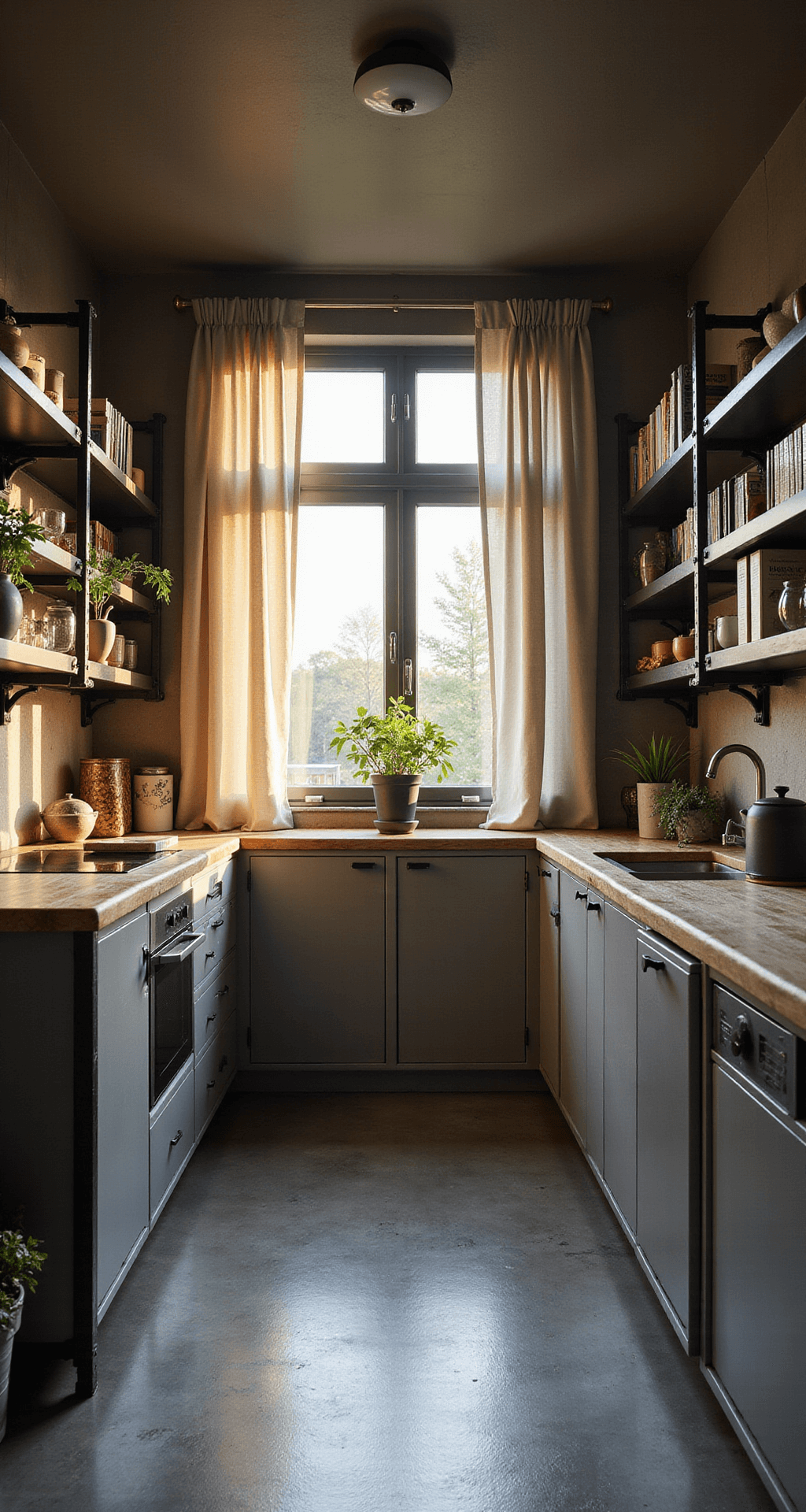 A cozy 10x12ft galley kitchen featuring ENHET open storage frames in anthracite steel, soft grey cabinet fronts, and butcher block countertops, illuminated by warm afternoon light. Industrial black metal shelving displays pottery and cookbooks, while trailing plants add softness to the metal elements. The composition emphasizes symmetry and highlights texture variations.