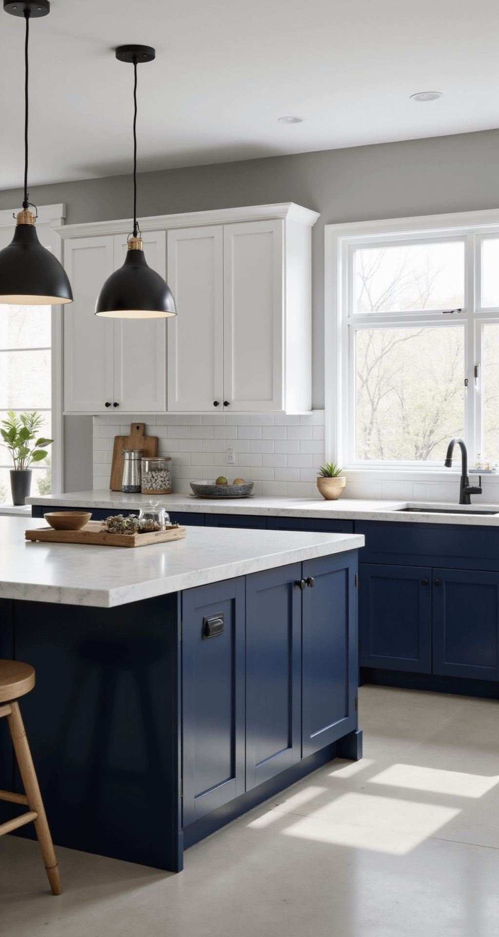 Contemporary kitchen featuring navy blue base cabinets and white upper cabinets in a two-tone SEKTION system, with a centered island showcasing waterfall quartz edges, illuminated by natural light and minimalist black pendant lights, styled with geometric accessories and metallic accents.