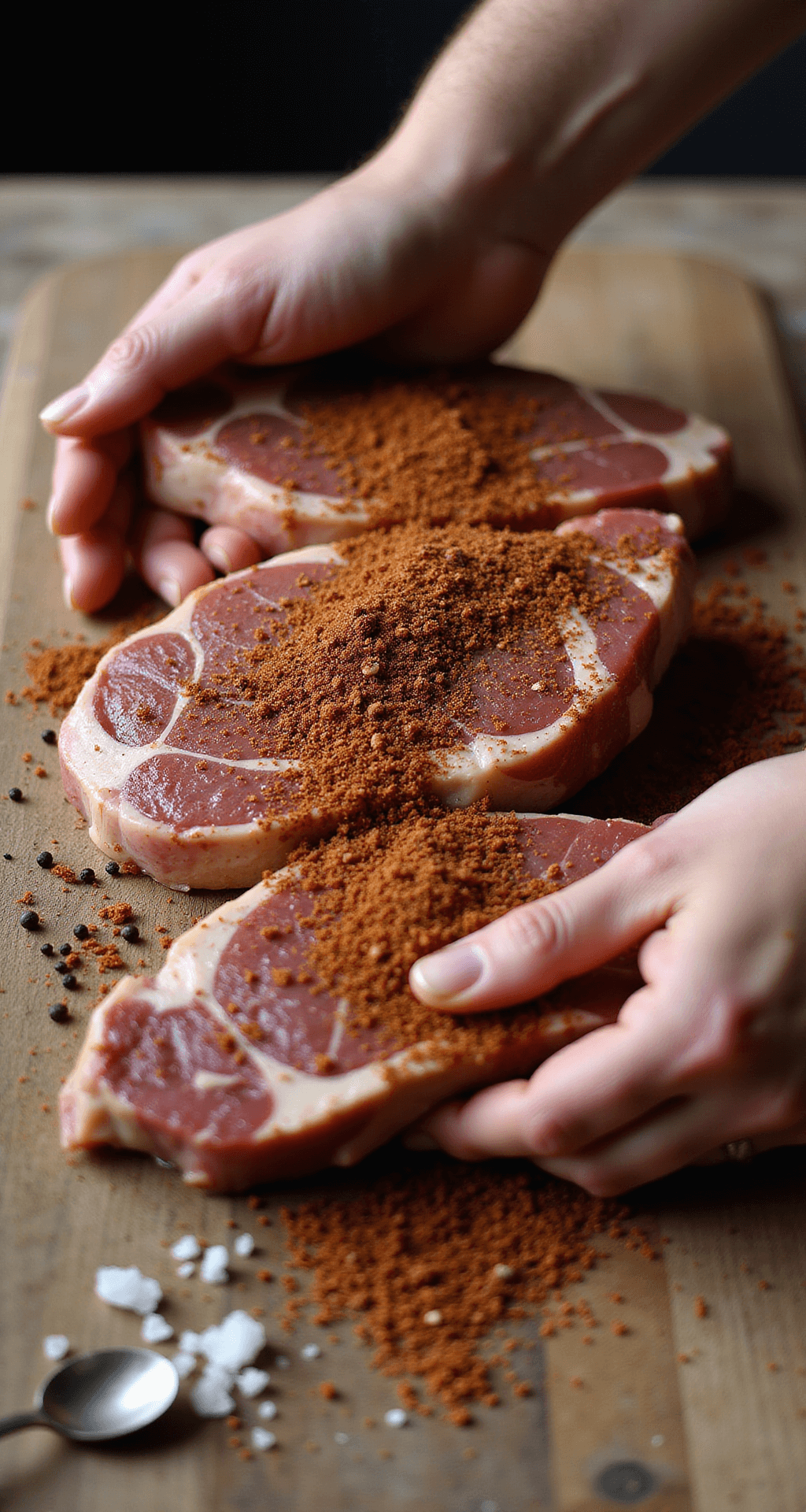 Close-up of marbled pork shoulder steaks being massaged with spice rub on a weathered wooden cutting board, with scattered spices, kosher salt, and black pepper in warm natural lighting.