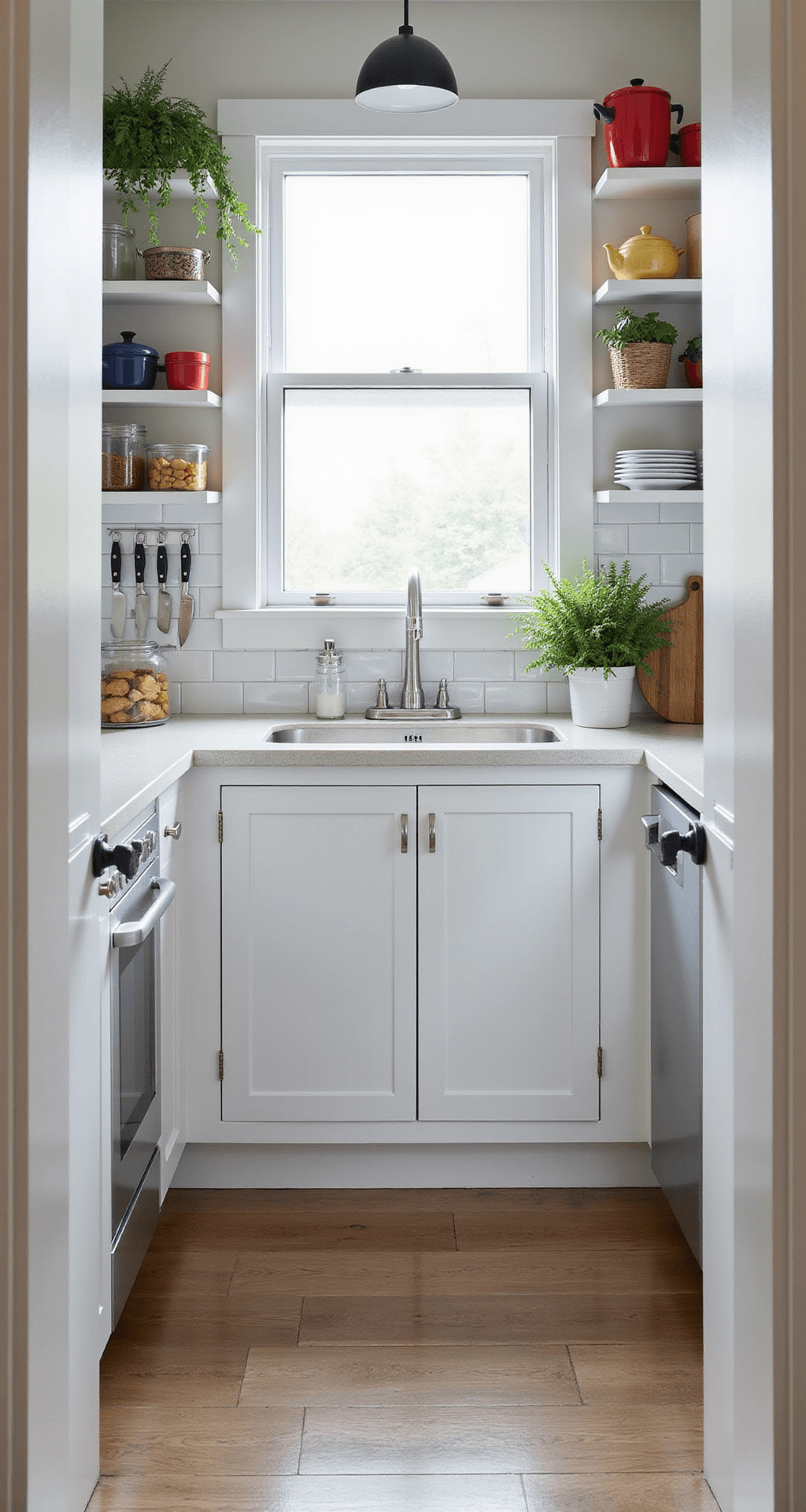 Compact rental kitchen featuring KNOXHULT base cabinets in white, diffused daylight from a frosted window, vertical storage solutions like magnetic knife strips and hanging herb gardens, a classic subway tile backsplash, and open shelving showcasing colorful cookware.