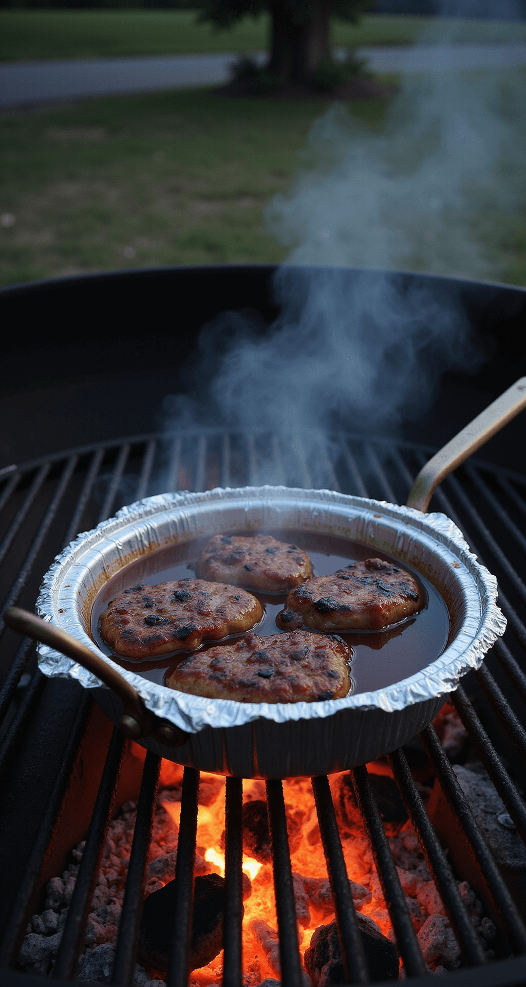 A backyard charcoal grill at twilight with visible flames and an aluminum pan filled with glazed pork steaks simmering in amber beer and barbecue sauce, steam rising and grill marks on the meat, illuminated by the warm glow of coals.