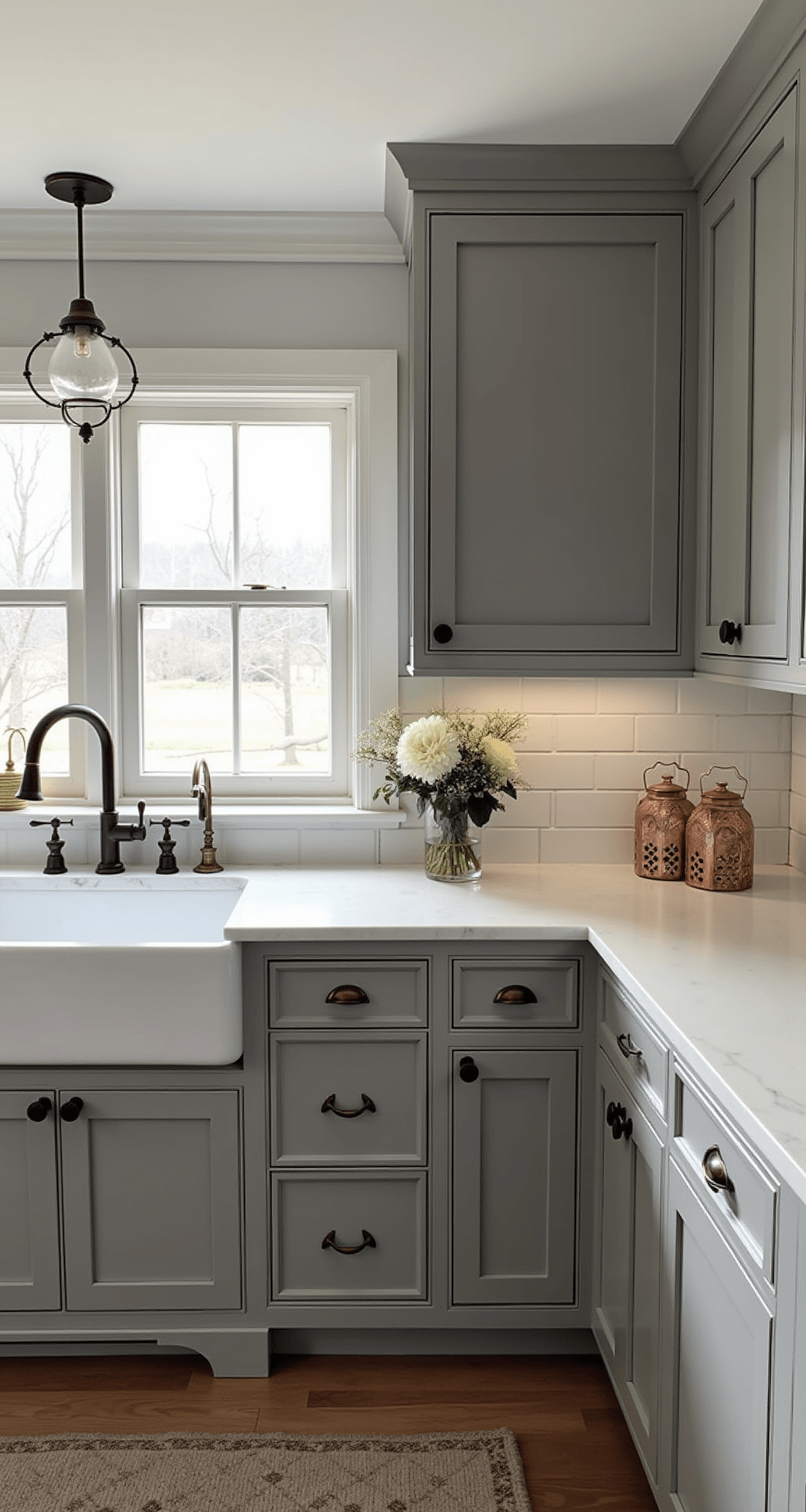 Modern farmhouse kitchen featuring BODBYN grey cabinets with crown molding, shaker-style doors, apron sink, and oil-rubbed bronze hardware, illuminated by soft early morning light. A marble backsplash extends to the ceiling, accented by vintage copper accessories and fresh flowers. Captured at a 45-degree angle to emphasize architectural details.