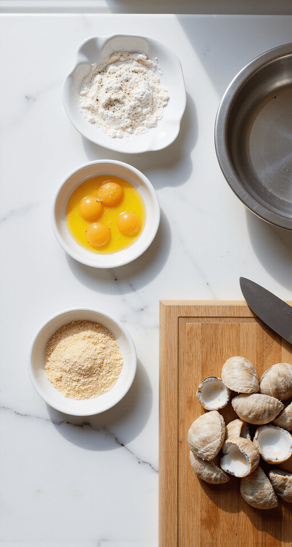 Overhead view of a marble countertop featuring three shallow ceramic dishes with seasoned flour, golden beaten eggs, and crispy panko breadcrumbs, alongside fresh razor clams on a wooden cutting board with a chef's knife. Natural light illuminates the scene.