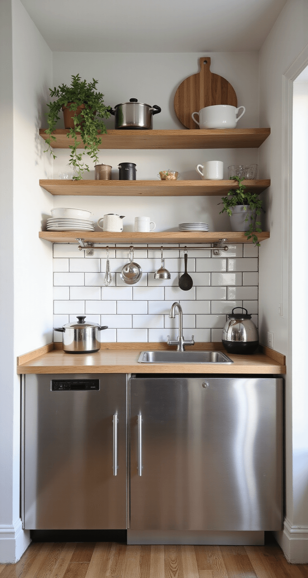 Aerial view of a compact 9x11ft kitchen featuring a SUNNERSTA mini-kitchen unit with sink, stainless steel surfaces, white subway tiles, and modular components, all bathed in bright afternoon light.