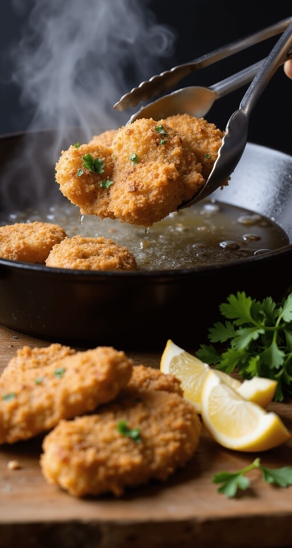 Close-up of golden-brown, crispy panko-coated fried razor clams being lifted from a cast iron skillet with silver tongs, with steam rising and hot oil bubbling in the background; rustic wooden platter garnished with parsley and lemon wedges nearby, illuminated by warm directional light.