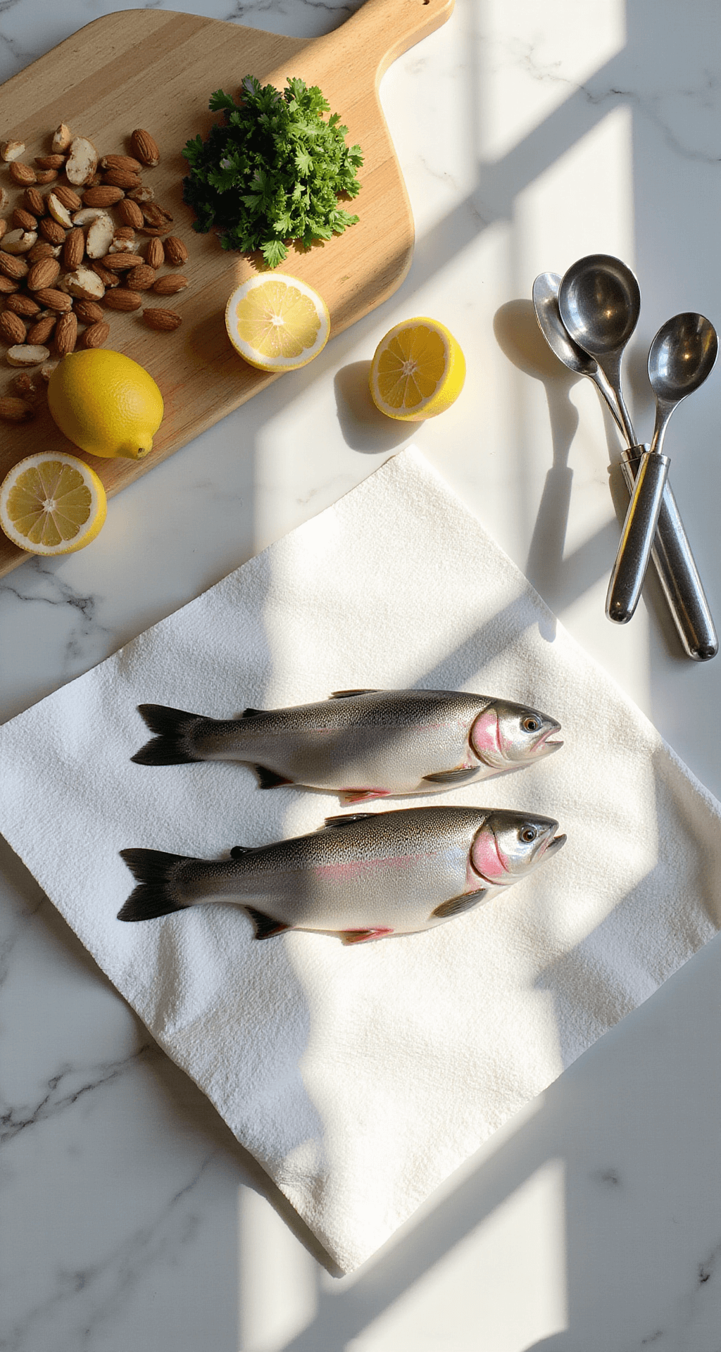 A sun-lit kitchen scene showcasing fresh rainbow trout fillets on marble, surrounded by sliced almonds, lemon halves, chopped parsley, a wooden cutting board, measuring spoons, and a fish spatula, with natural light enhancing the fish’s silvery skin.