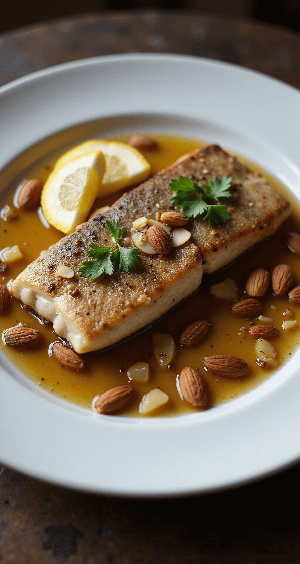 A beautifully presented trout almondine dish featuring a seared trout fillet with golden skin on a white plate, topped with brown butter sauce, toasted almonds, and fresh parsley, with lemon wedges and steam against a dark wooden table backdrop.
