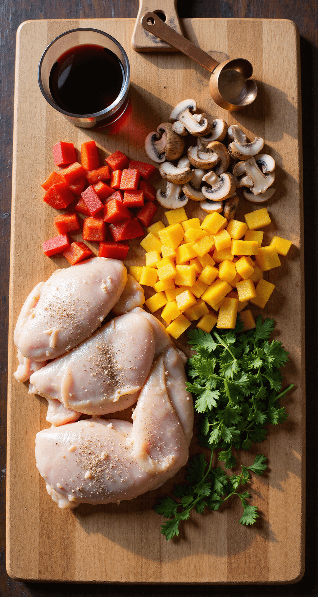 Overhead view of a rustic wooden cutting board with seasoned chicken thighs and vibrant chopped vegetables, accompanied by a glass of red wine and copper measuring spoons, all bathed in warm natural light.