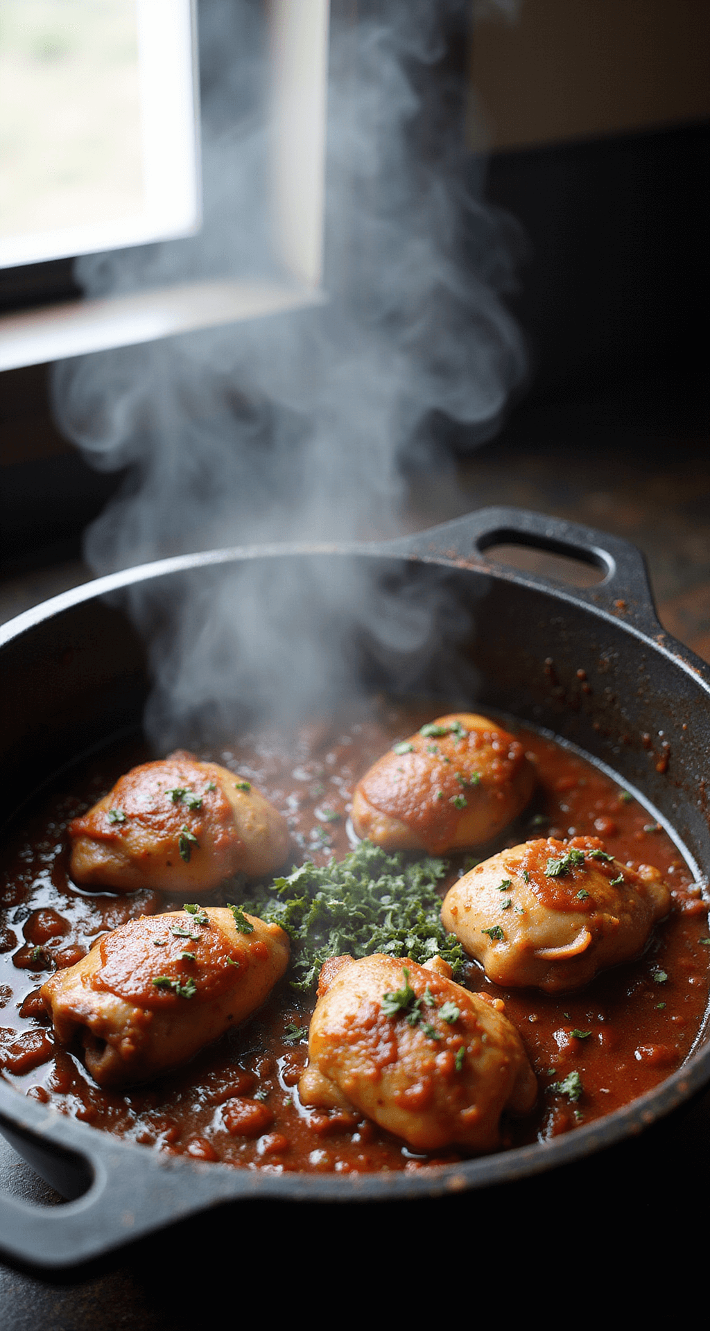 A cast-iron Dutch oven filled with golden-brown chicken thighs simmering in burgundy sauce, steam rising dramatically as fresh herbs are scattered over the dish, illuminated by soft window light.